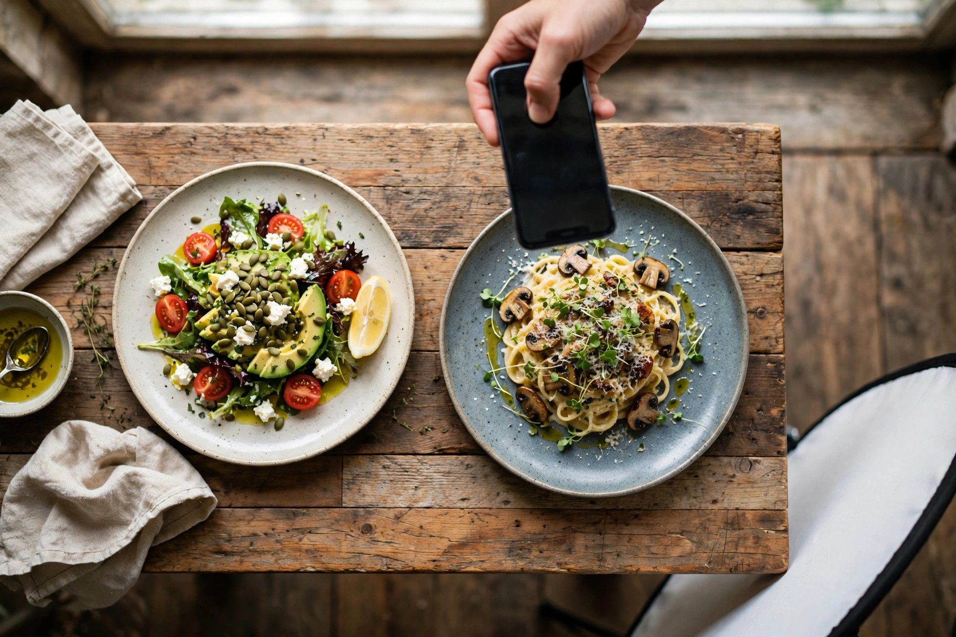 Oversiktsbilde av et restaurantbord ved vinduet der en hånd fotograferer en rett med mobiltelefon ovenfra