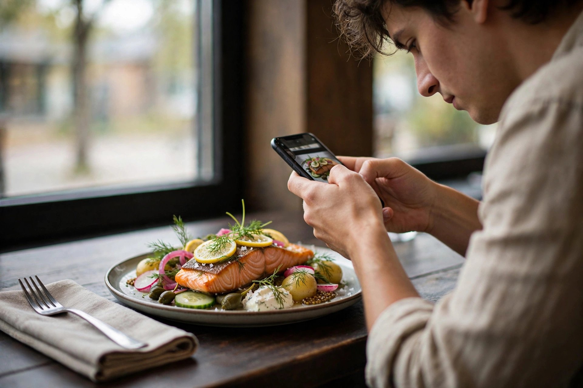 Person fotograferer en lakserett med mobiltelefon ved et restaurantvindu i mykt dagslys