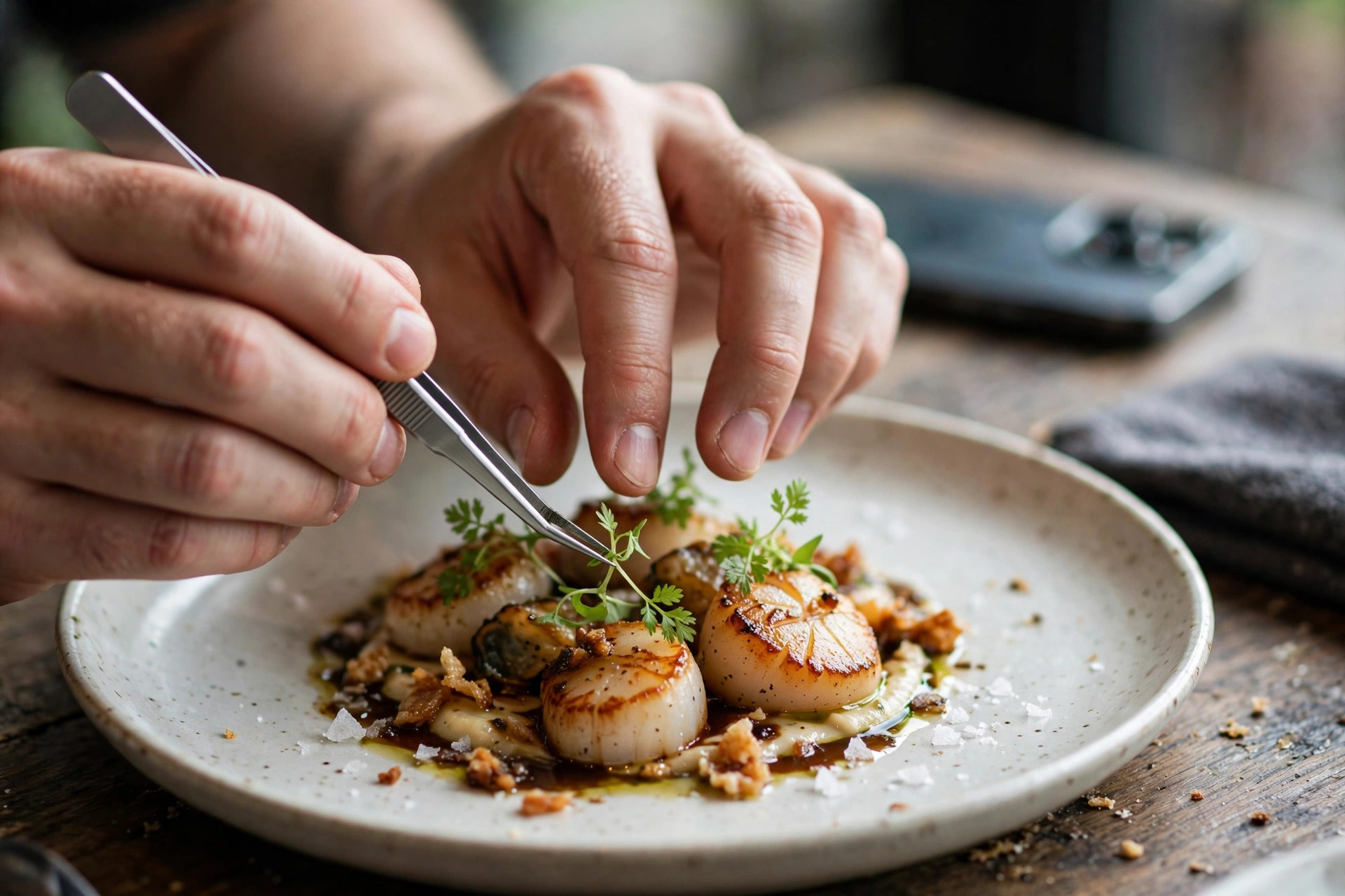 Händer som med pincett placerar en örtgarnering på en upplagd restaurangrätt inför fotografering
