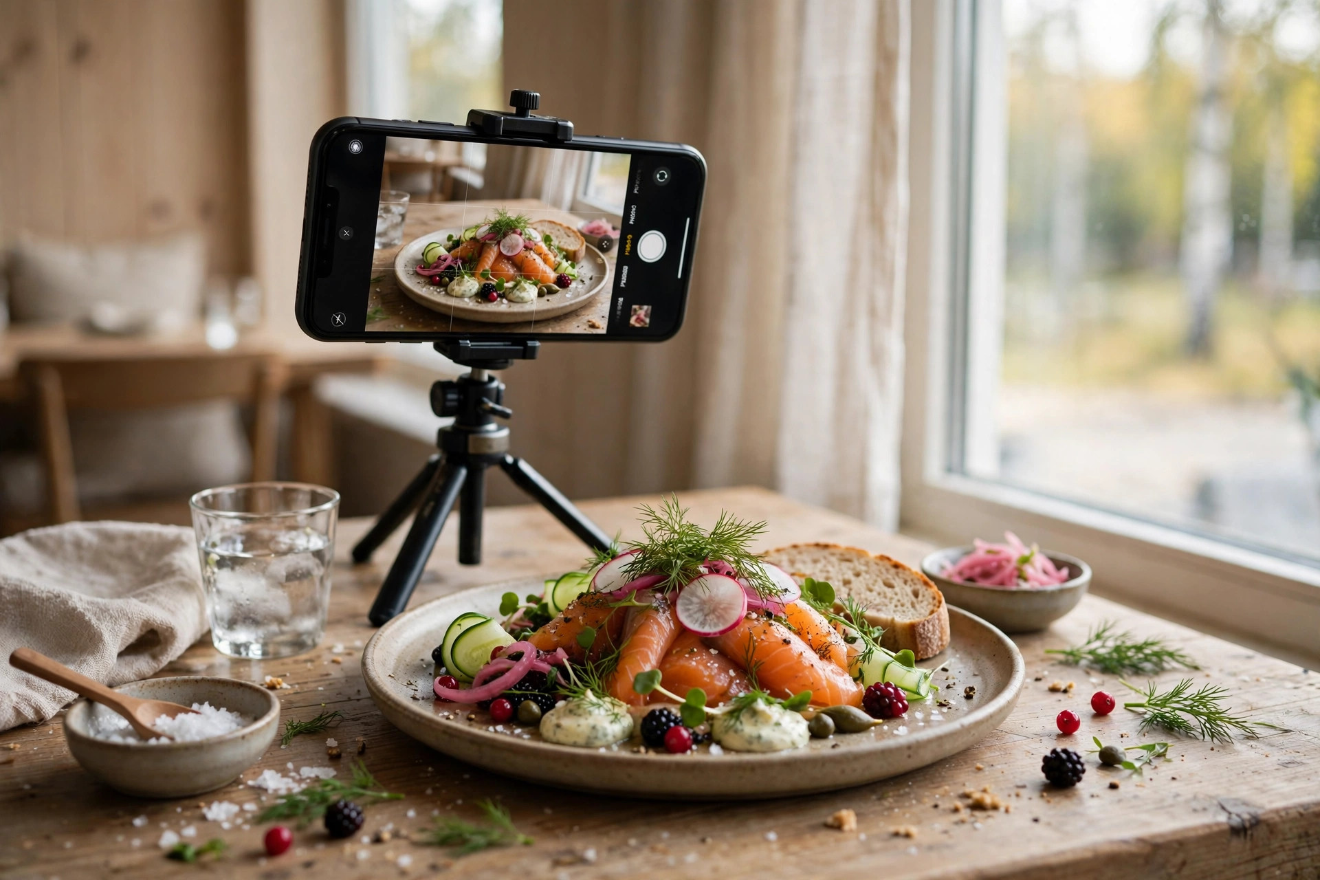 Mobiltelefon på stativ fotograferar en vackert upplagd nordisk rätt vid ett fönster med mjukt dagsljus