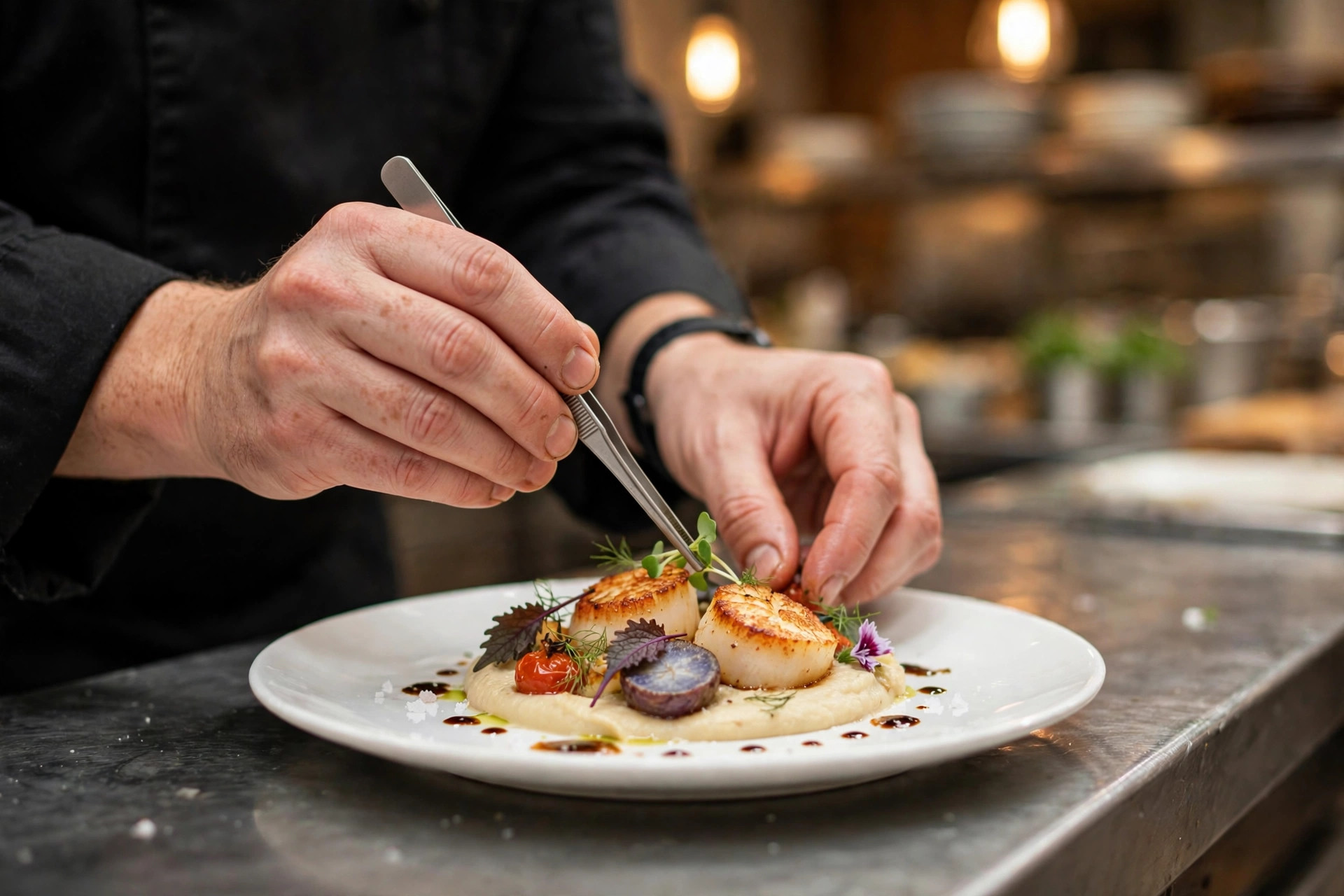 A chef carefully plating seared scallops in a professional restaurant kitchen