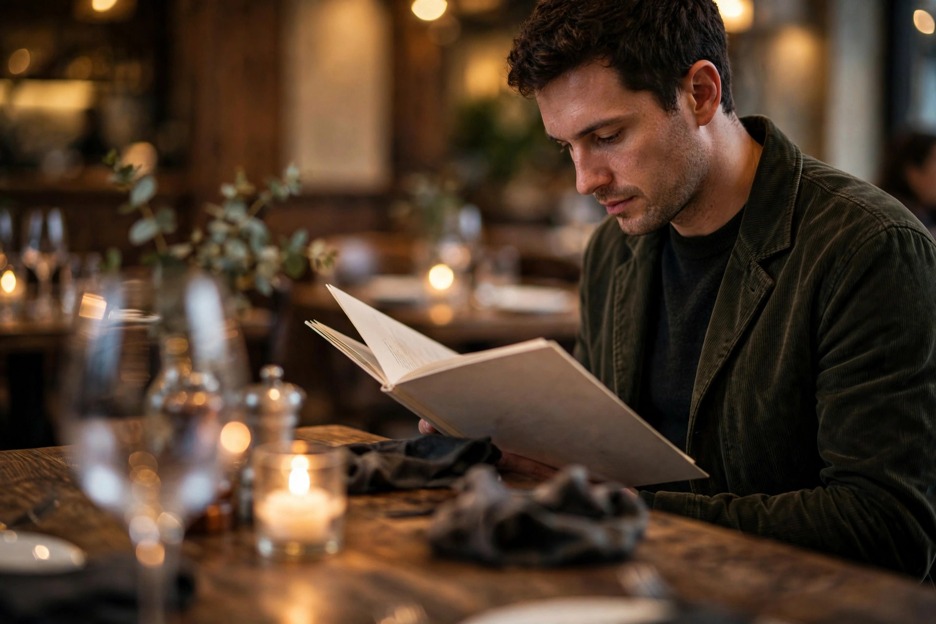 A diner reading a restaurant menu by candlelight in a warmly lit restaurant