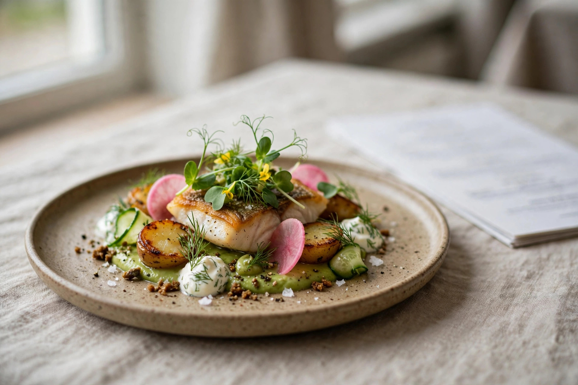 Vackert upplagd restaurangrätt med suddig meny i bakgrunden