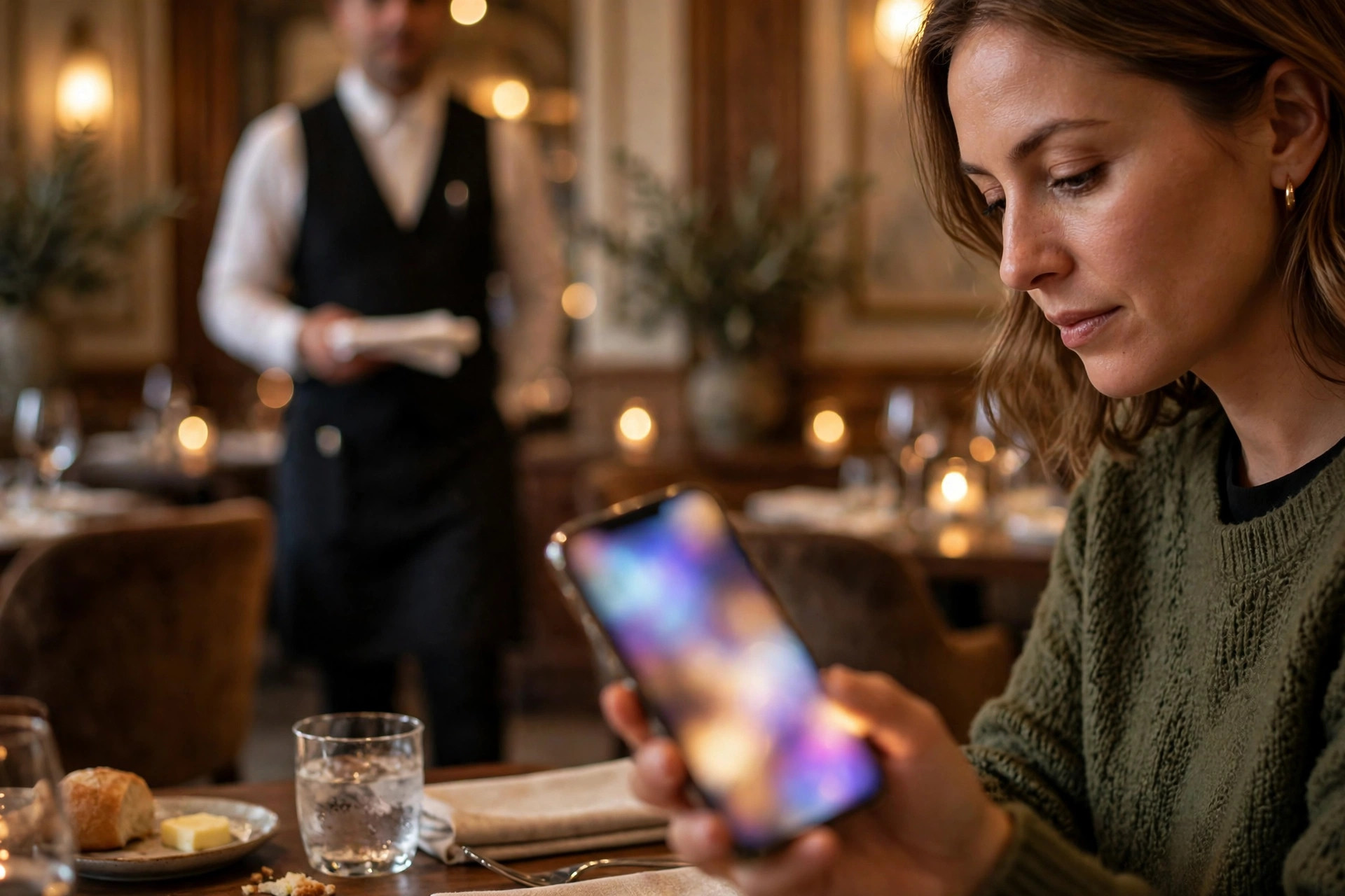 Restauranggäst som tittar på sin smartmobil vid bordet medan servitören närmar sig i bakgrunden