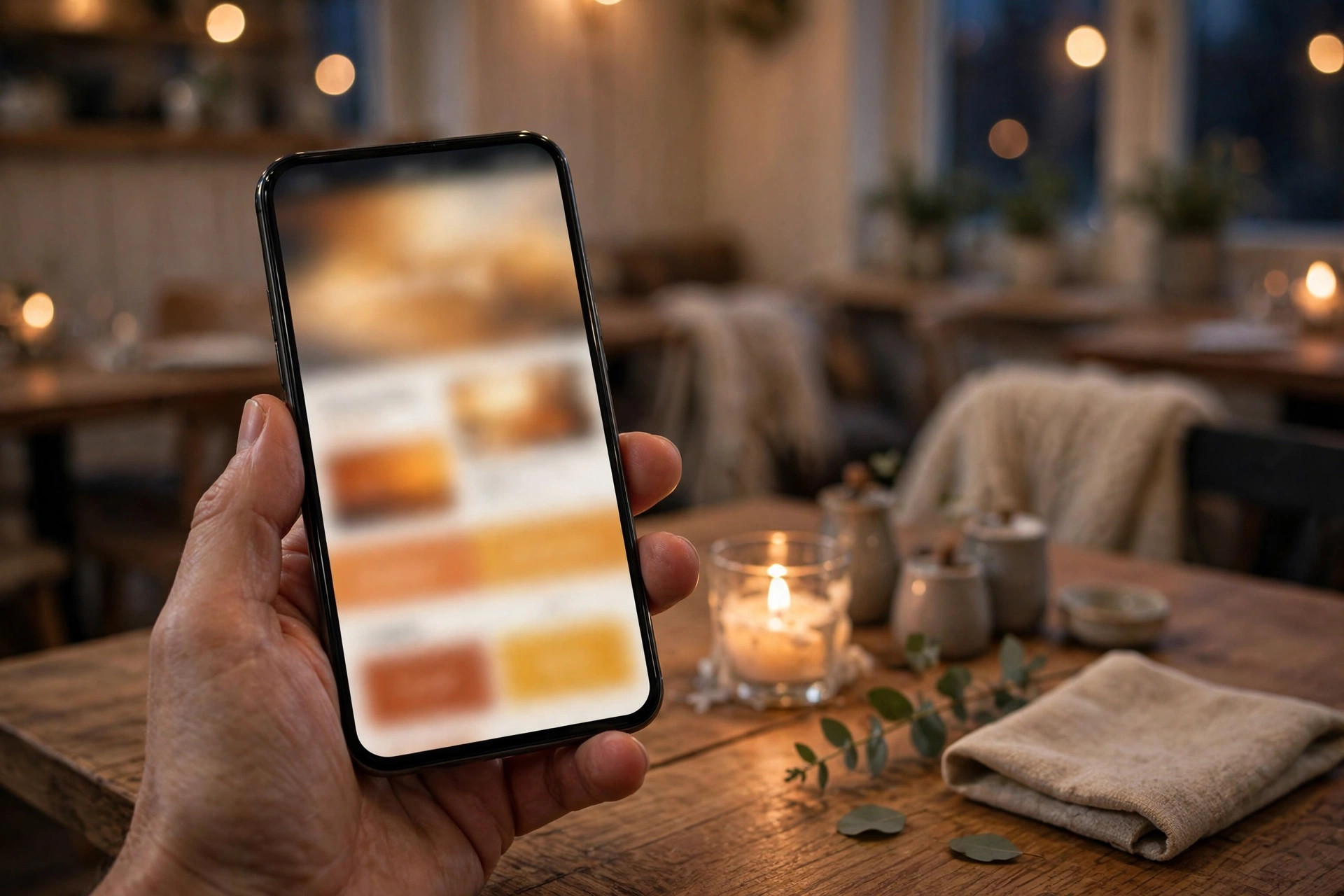 Hand som håller en smartmobil med en restaurangwebbsida i en mysig restaurangmiljö med levande ljus