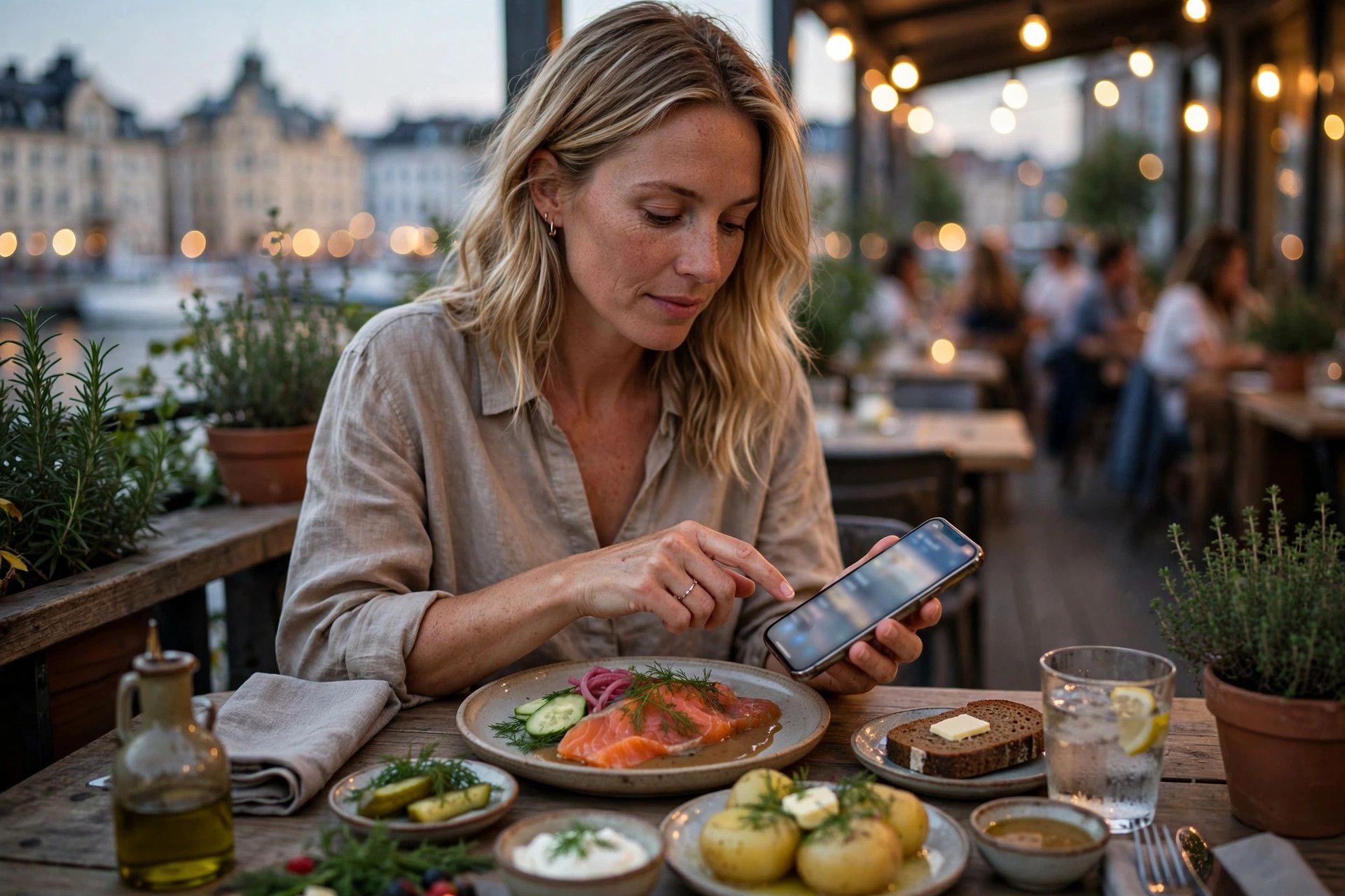 Guest tapping a table reservation on a smartphone at an outdoor restaurant terrace in the evening
