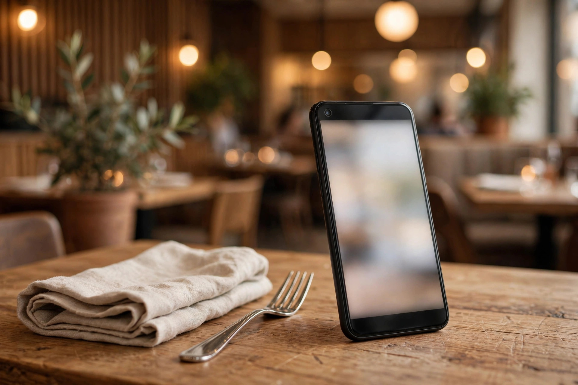 Smartphone on a restaurant table next to cutlery, warm restaurant interior blurred in the background