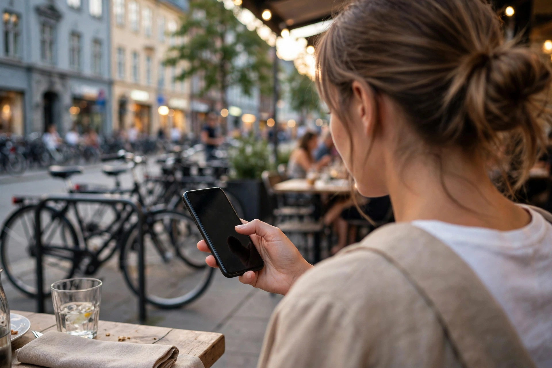 Kvinne trykker på mobiltelefonen på en restaurantterrasse i en nordisk bygate