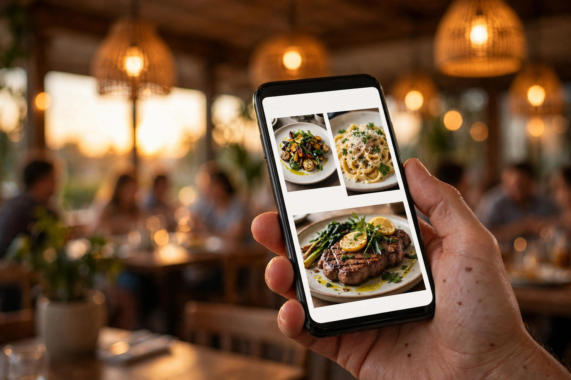 Hånd holder en mobiltelefon som viser en restaurants nettside med matbilder, i et varmt restaurantlokale
