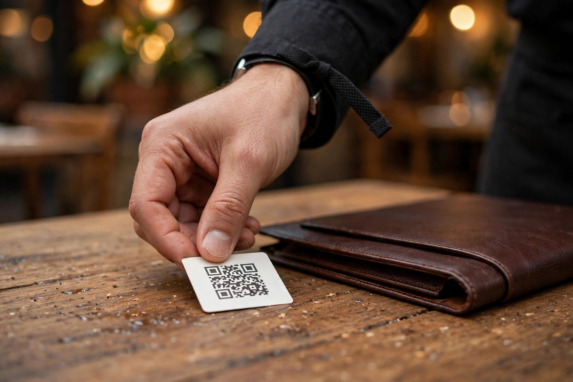 Servitør legger et kort med QR-kode ved regningen på et restaurantbord