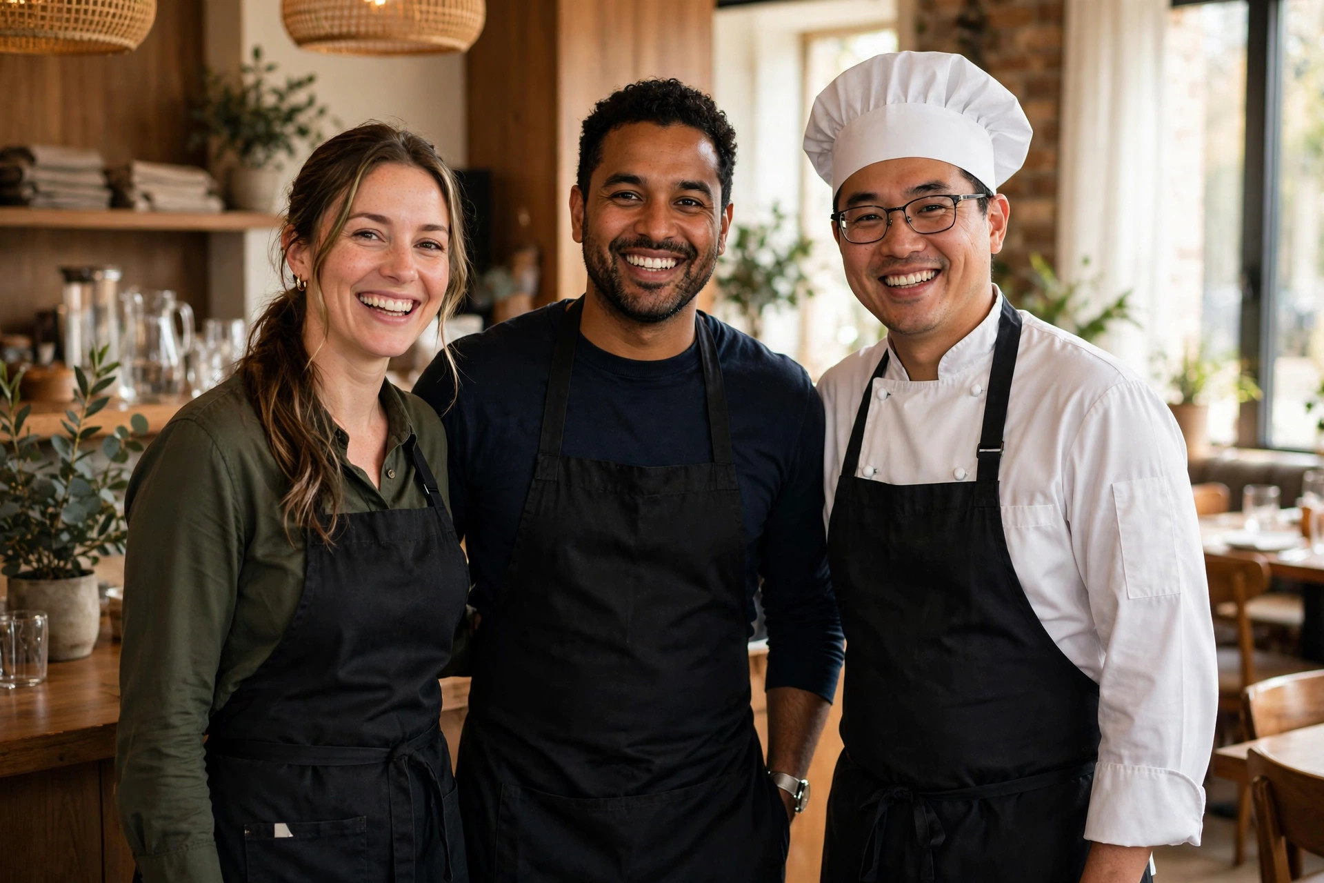 Smilende restaurantteam med servitører og kokk i et lyst lokale