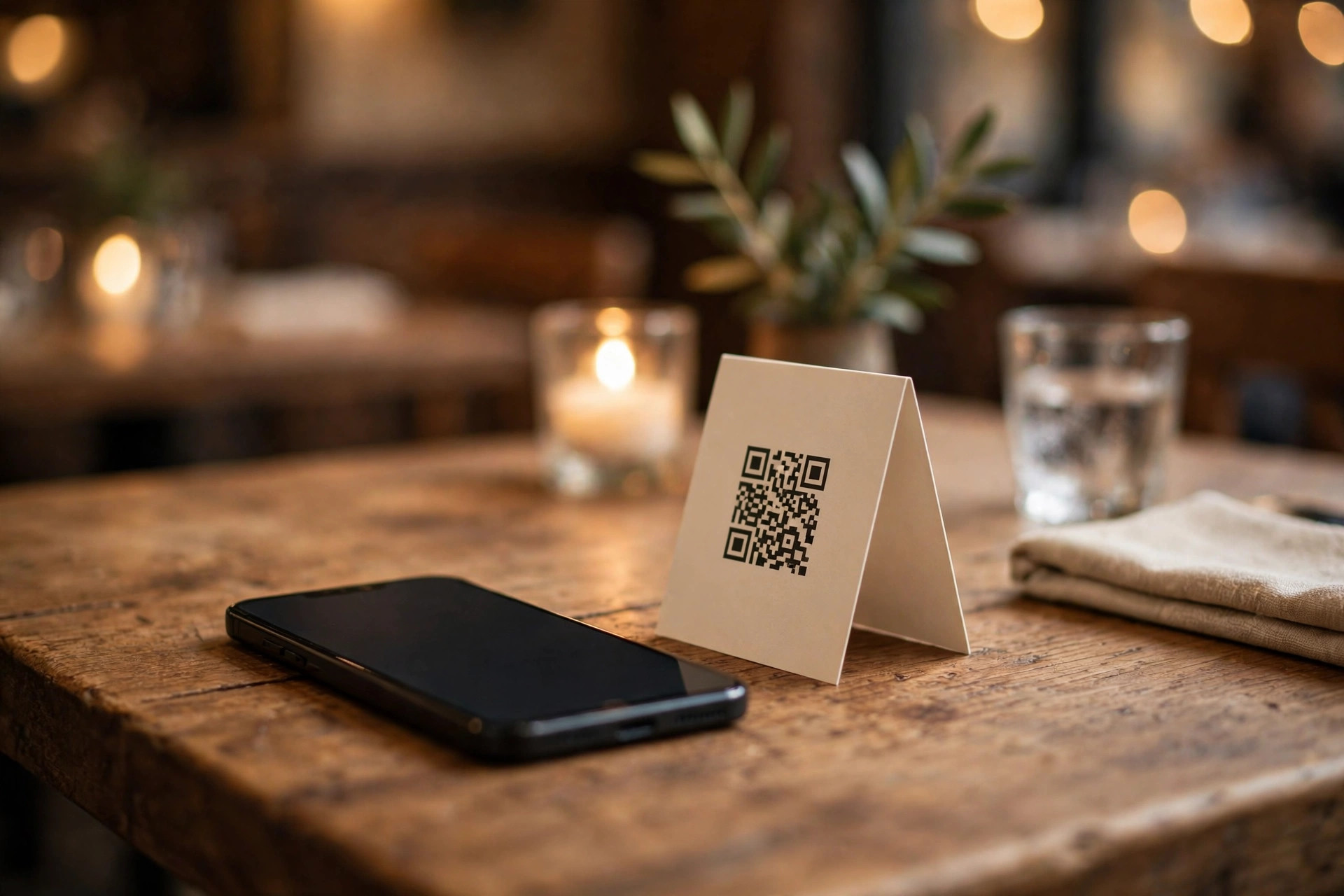 Bordskort med QR-kod för Google-recensioner på ett restaurangbord bredvid en mobiltelefon