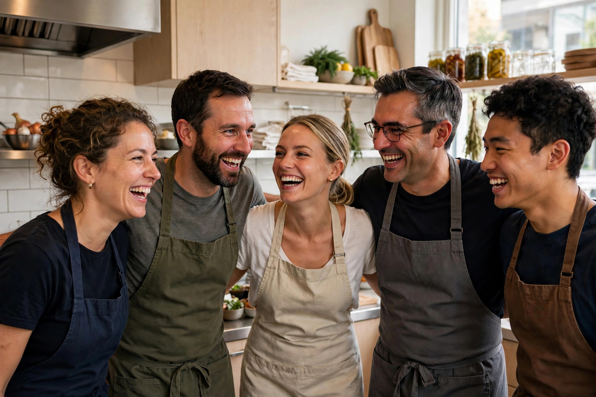 Glatt restaurangteam i förkläden som skrattar tillsammans i köket före middagsserveringen