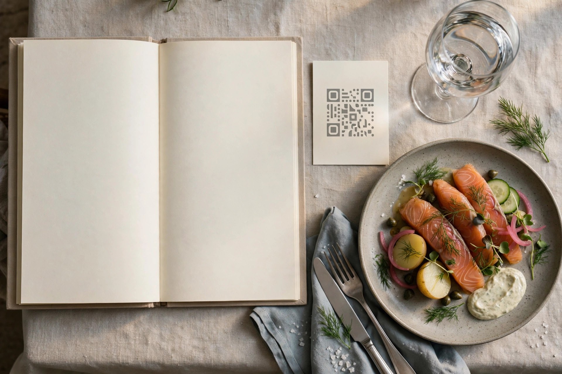 Elegant menu booklet and QR card on a restaurant table with a Nordic dish