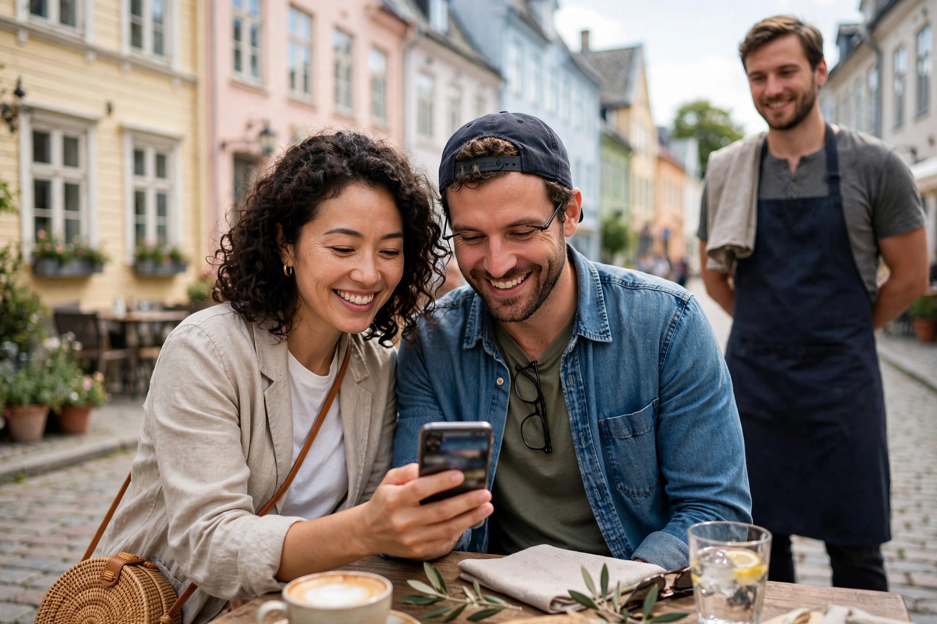 Tourist couple browsing a restaurant menu on a phone at an outdoor cafe in a Nordic old town