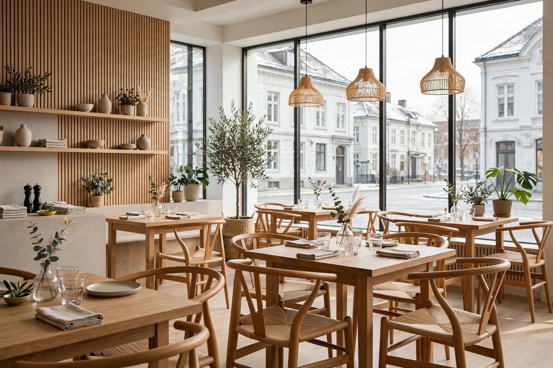 Moderne, nyoppusset restaurantsal med skandinavisk interiør i dagslys
