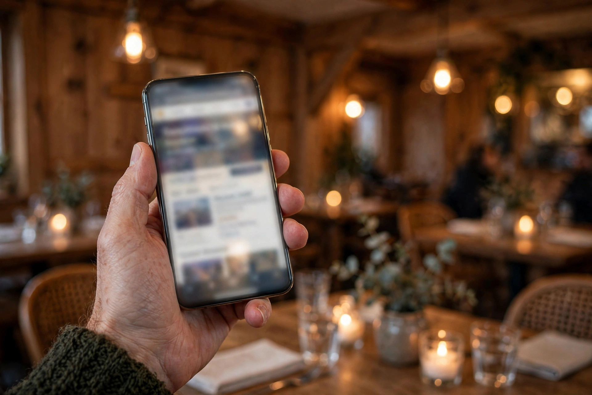 Hånd som holder en smarttelefon med en gammeldags nettside i en restaurant