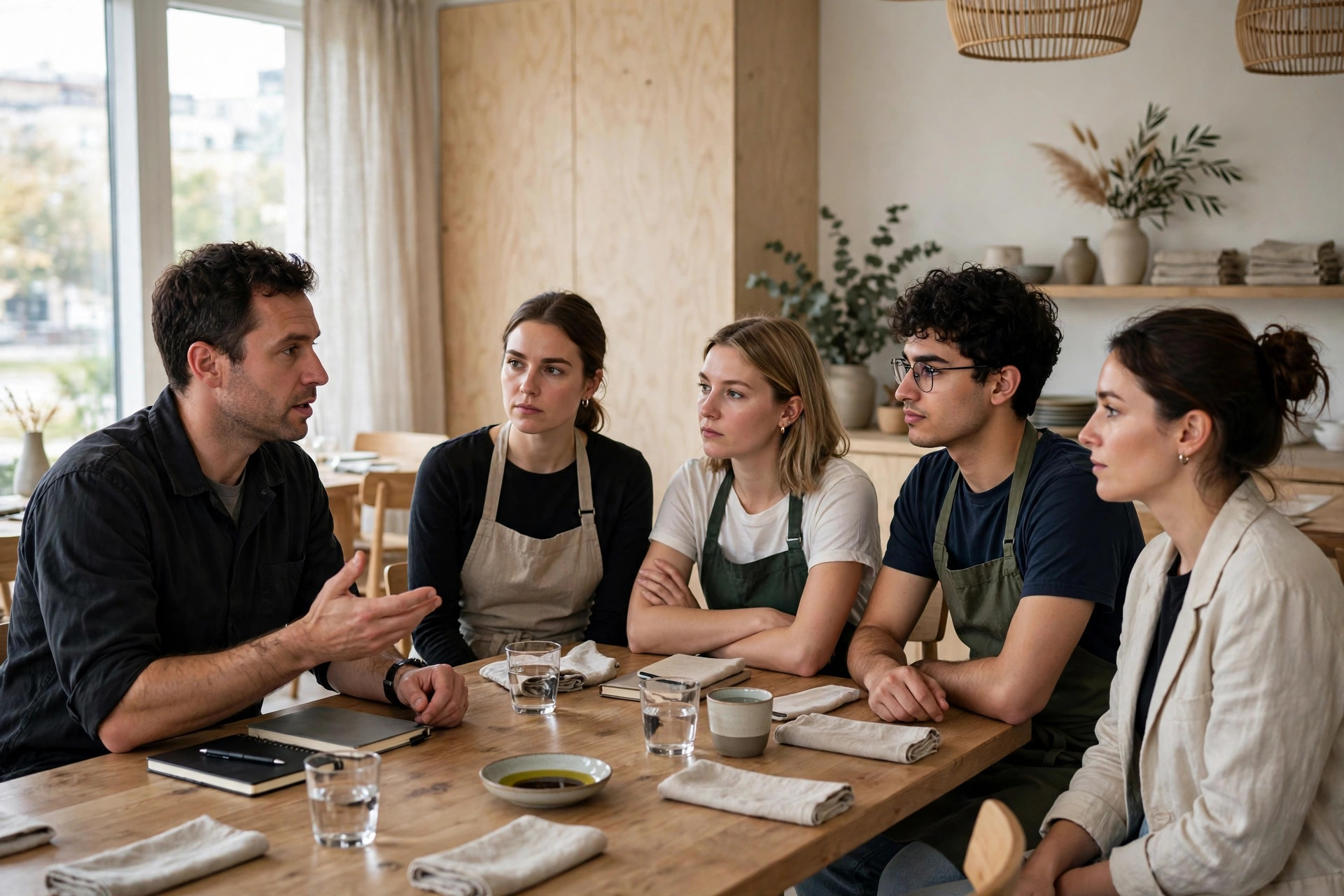 Restaurantteam i rolig morgenmøte der lederen orienterer personalet