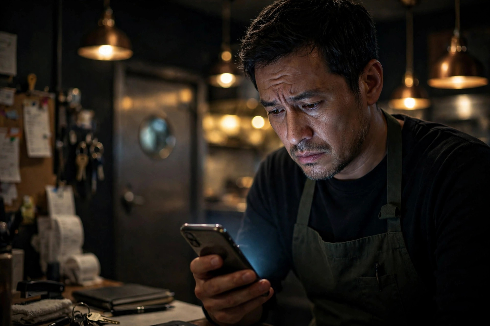 Bekymret restaurantsjef som leser en anmeldelse på smarttelefonen seint på kveld