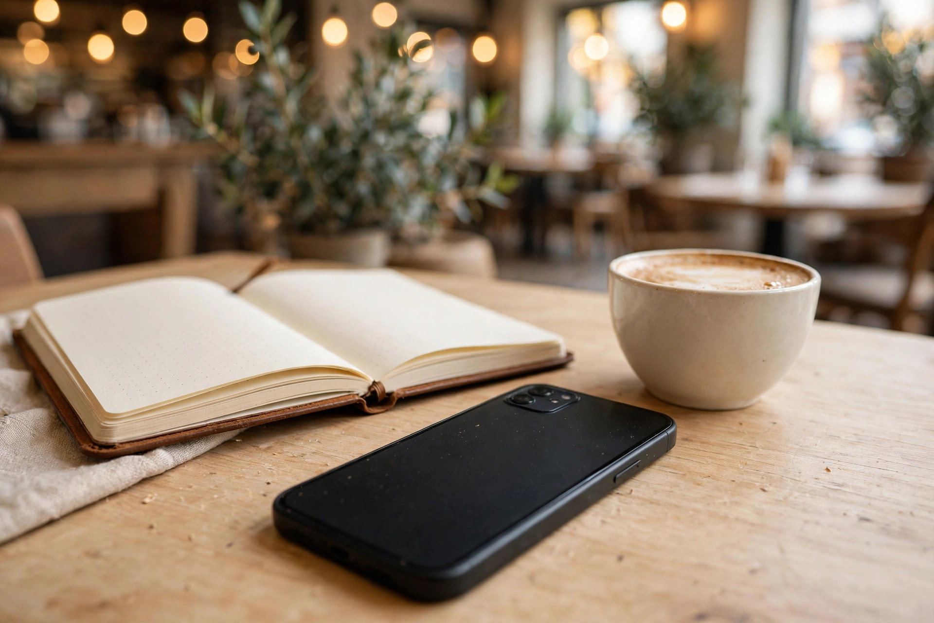 Smartphone på cafébord — så här ser gästen era uppgifter, kontrollera att de stämmer
