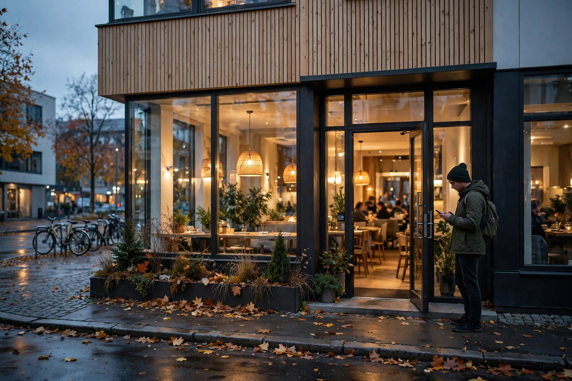 Restaurangentré i skymning — gäster hittar hit bara om namn, adress och telefon stämmer överallt på nätet