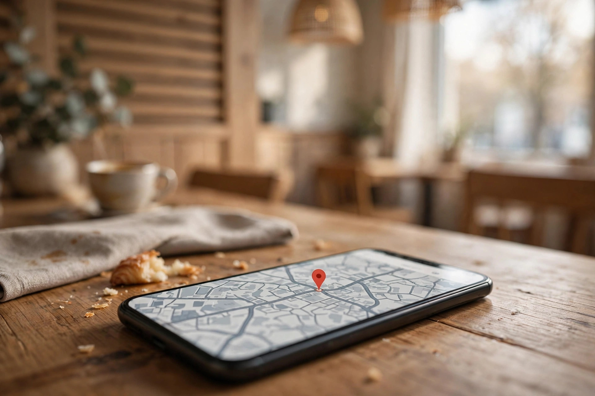 A smartphone showing a map listing with a location pin, on a café table