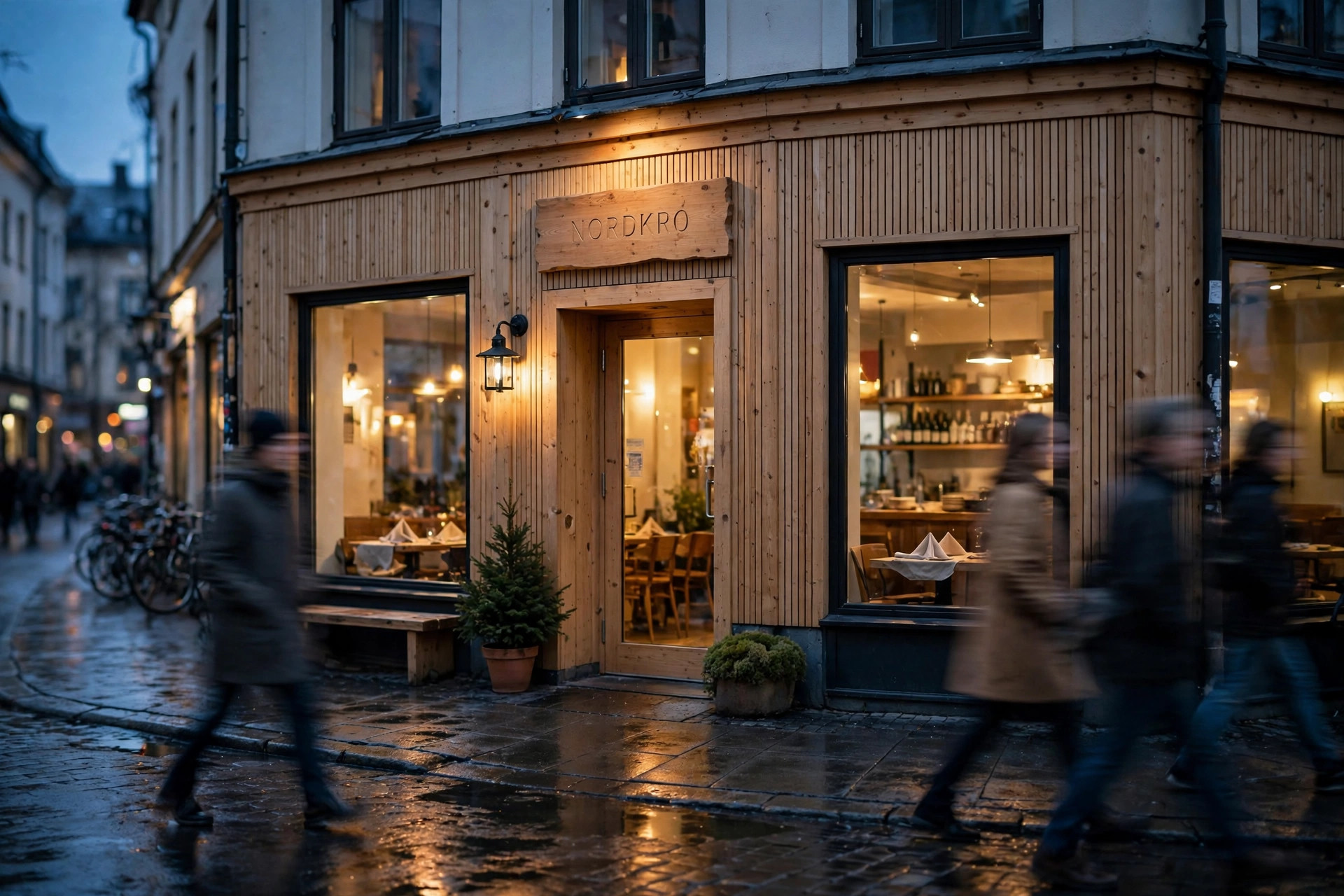 A warmly lit Nordic restaurant storefront at dusk with pedestrians passing by