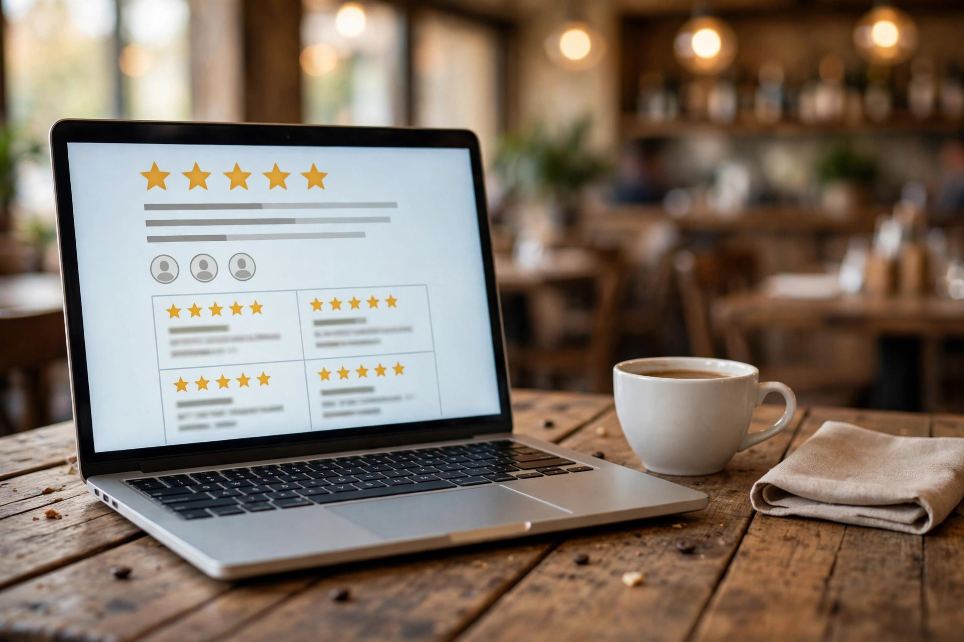 Bärbar dator på ett restaurangbord som visar en recensionssida, med kaffekopp bredvid