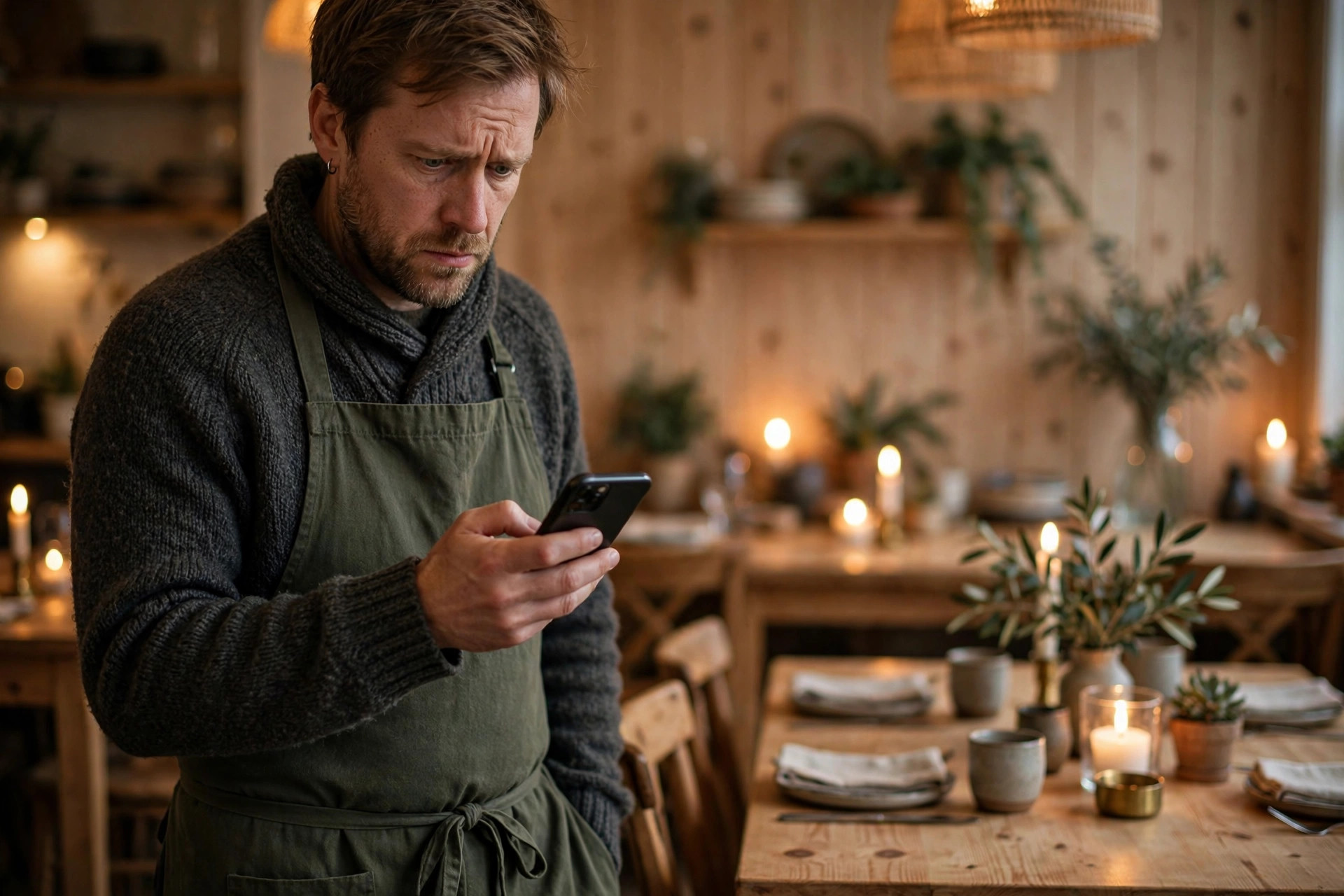 Restaurangägare läser en recension på sin mobiltelefon i restaurangens matsal