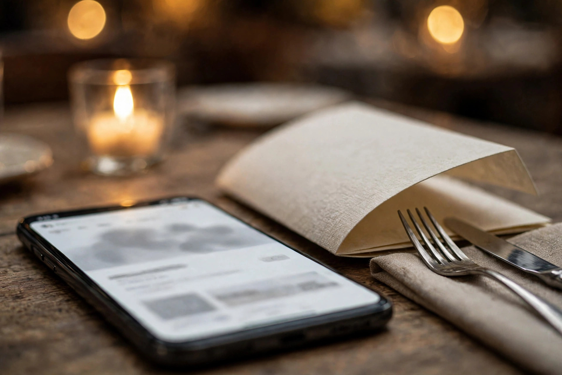 Mobiltelefon på ett restaurangbord som visar en suddig hemsida — dags att förnya?