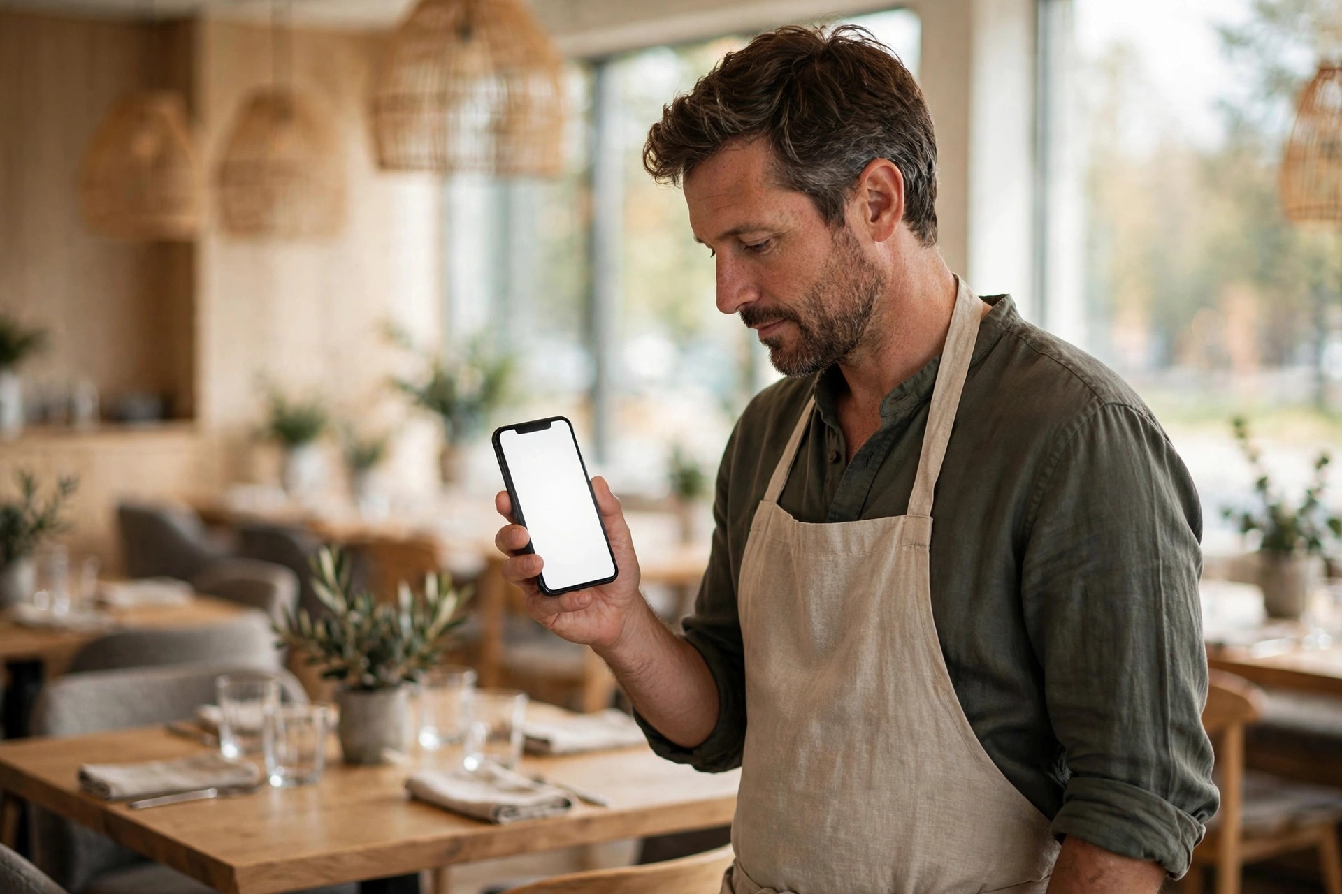Restaurangägare som tittar på sin mobil i en modern skandinavisk restaurangmatsal