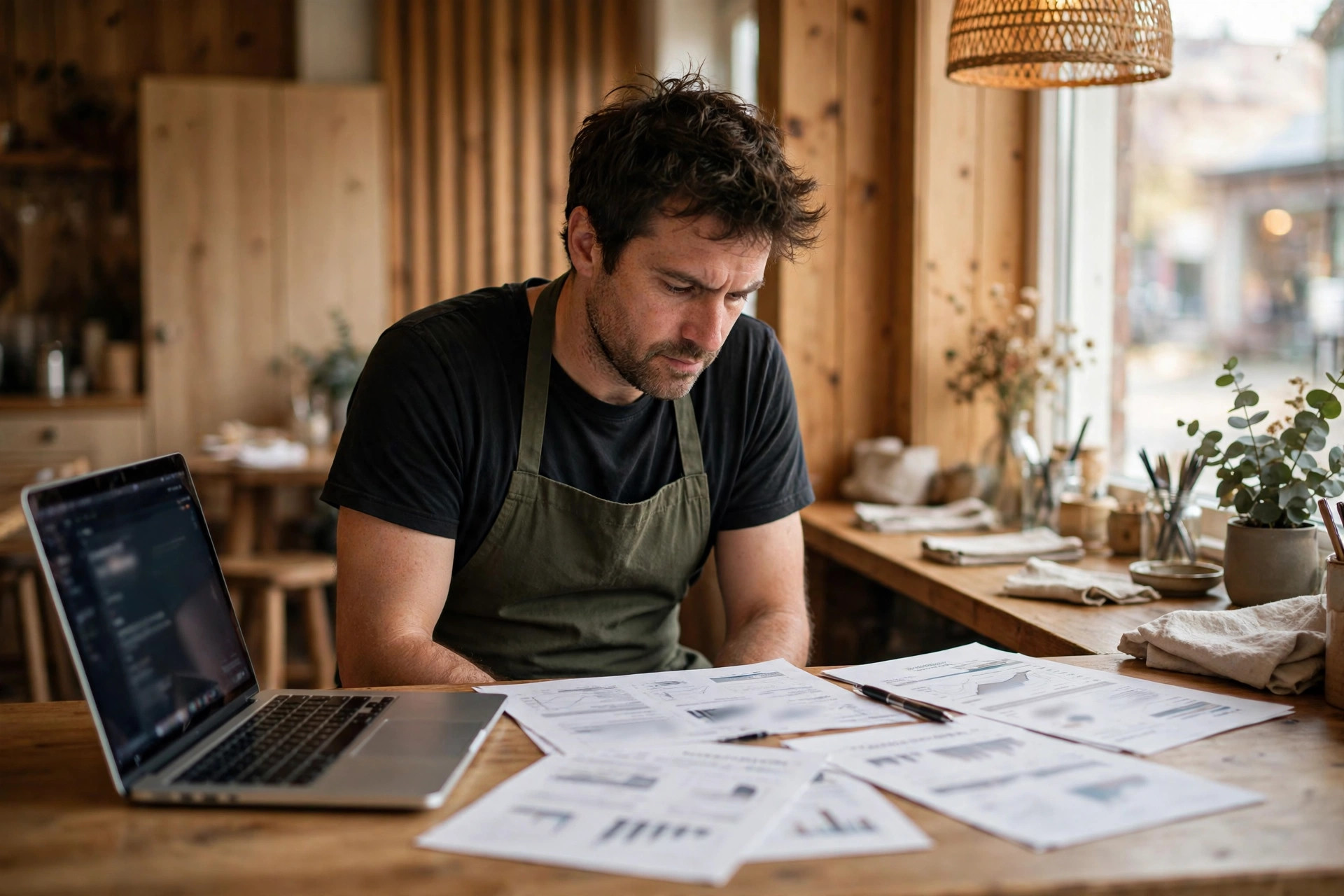 Restauranteier som går gjennom bedriftens nettoppføringer på en laptop ved disken