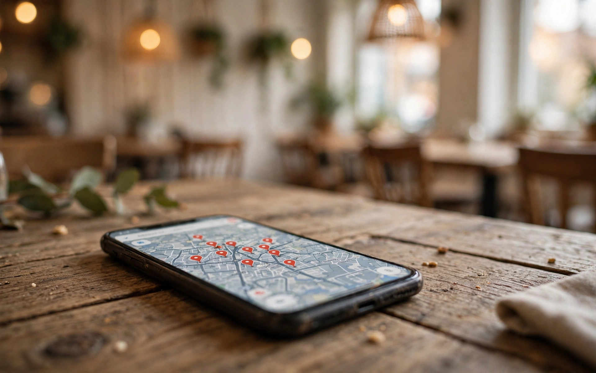Smarttelefon på kafébord som viser kart med restaurantmarkører
