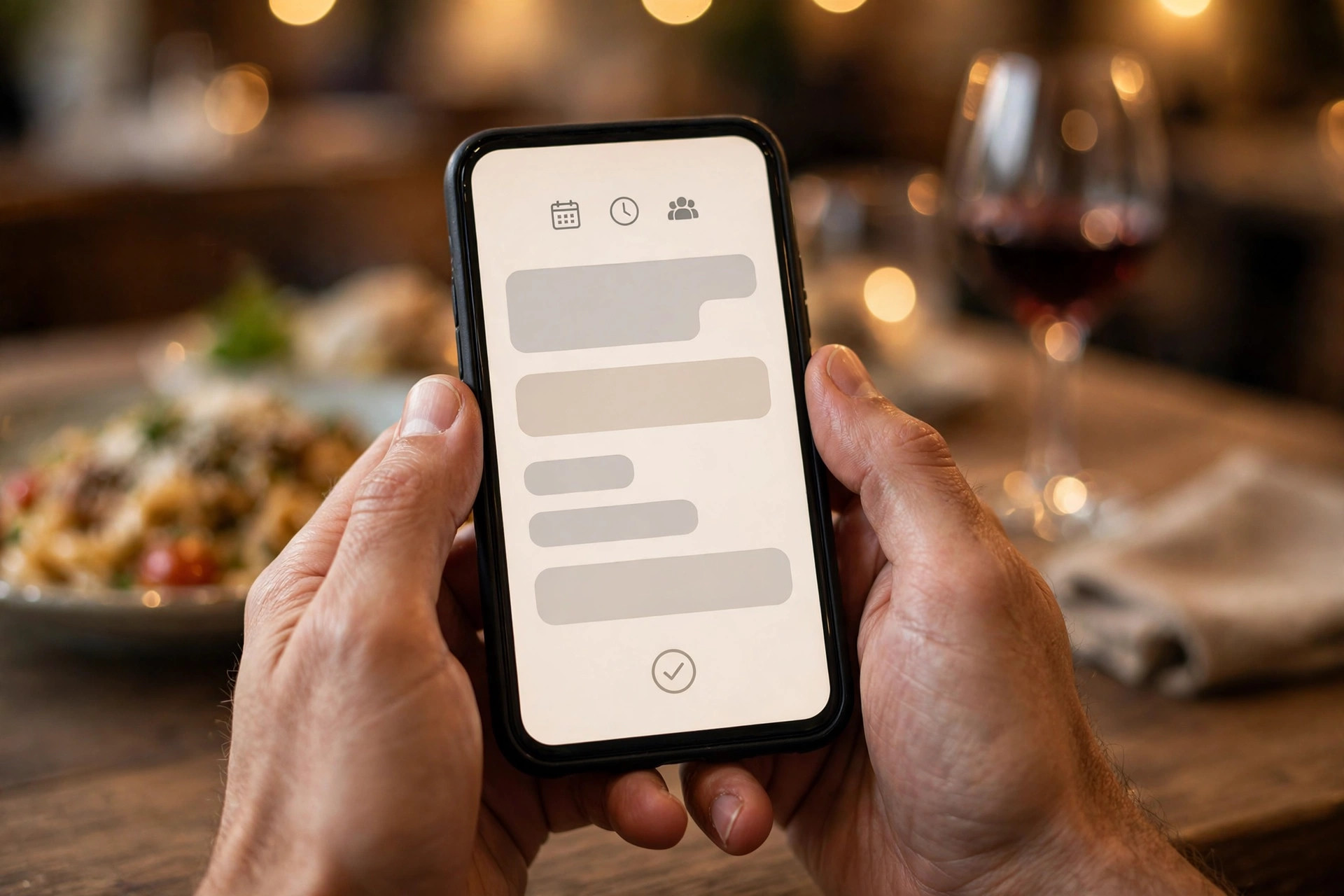 Gjestehånd som holder en smarttelefon med bordbestilling over et restaurantbord
