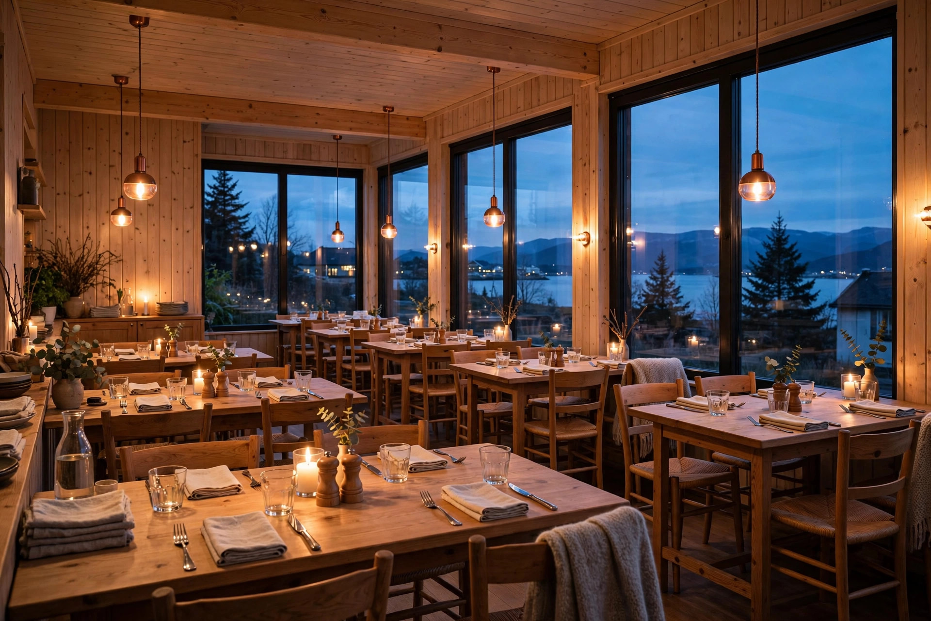 Koselig norsk restaurantspisesal om kvelden med tente lys på bordene