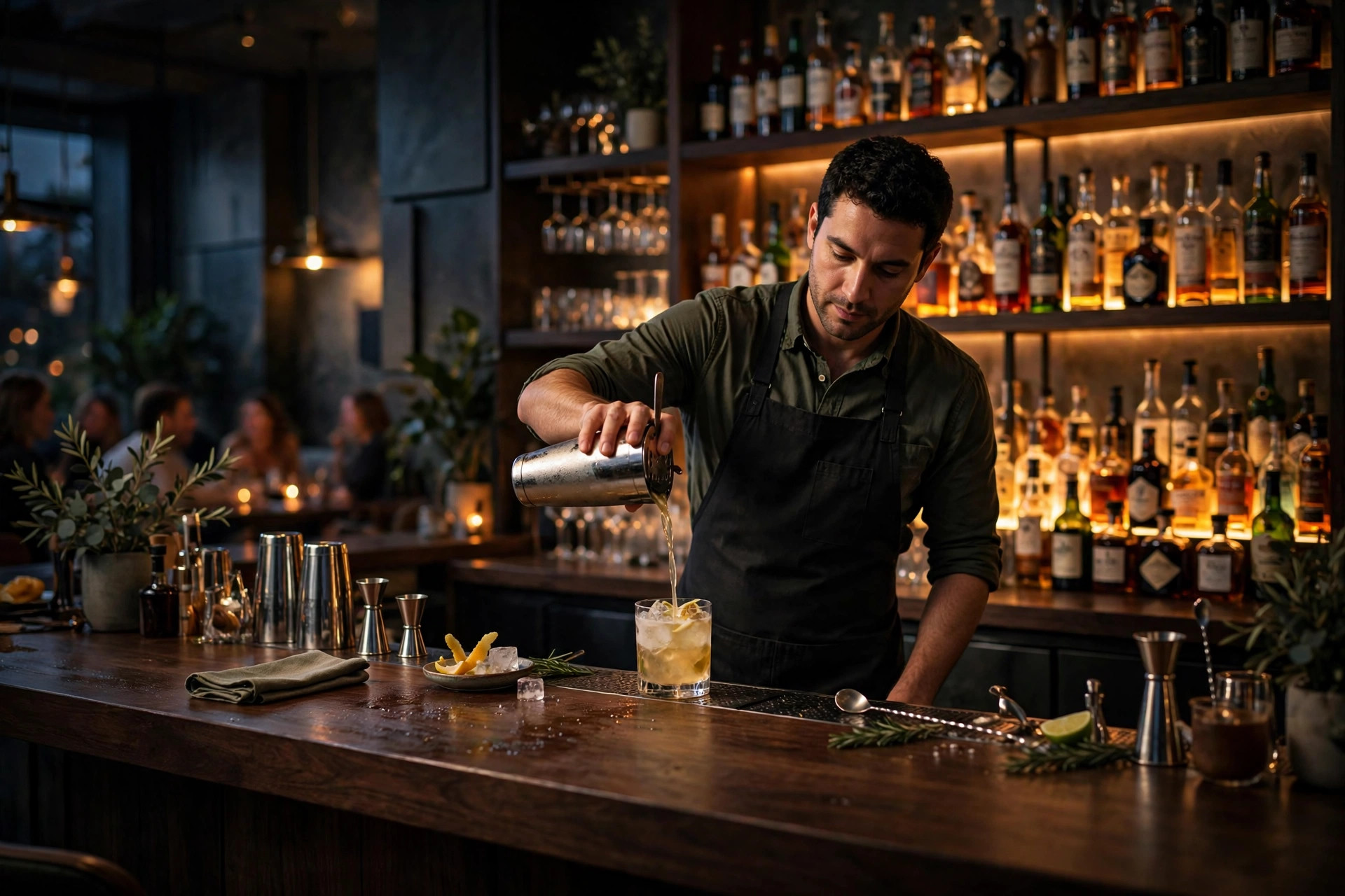 Bartender heller en cocktail over is i en stemningsfull bar med opplyste flaskehyller