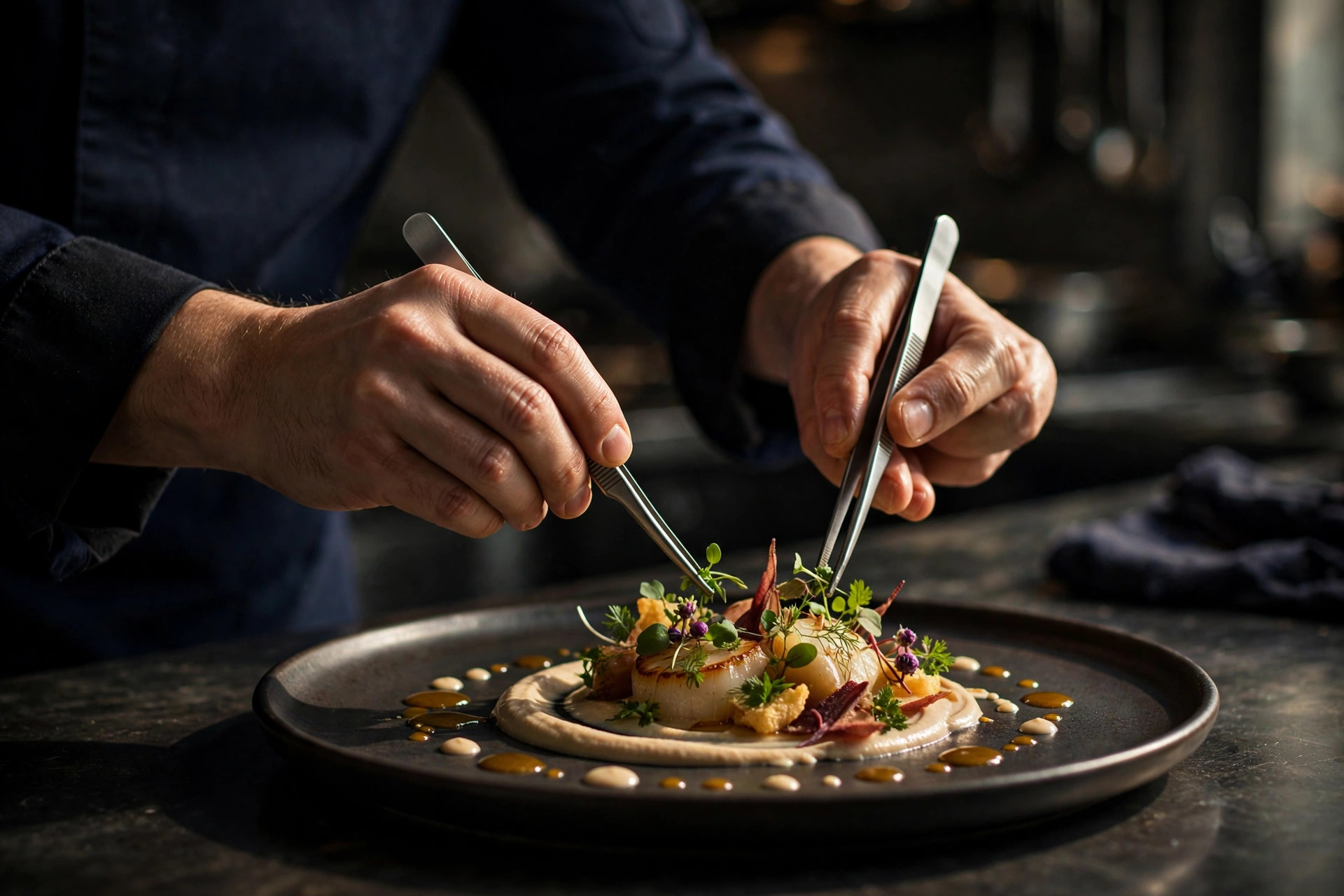 Kokkehender anretter en elegant fine dining-rett med pinsett på mørk tallerken