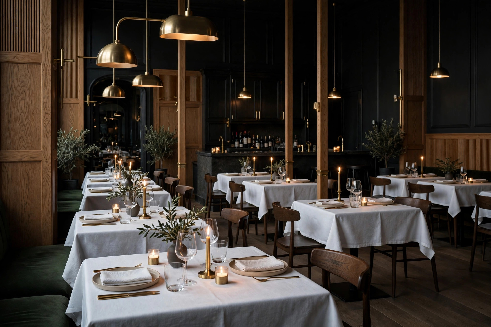 Elegant fine dining-restaurant med hvite duker, levende lys og dempet skandinavisk interiør