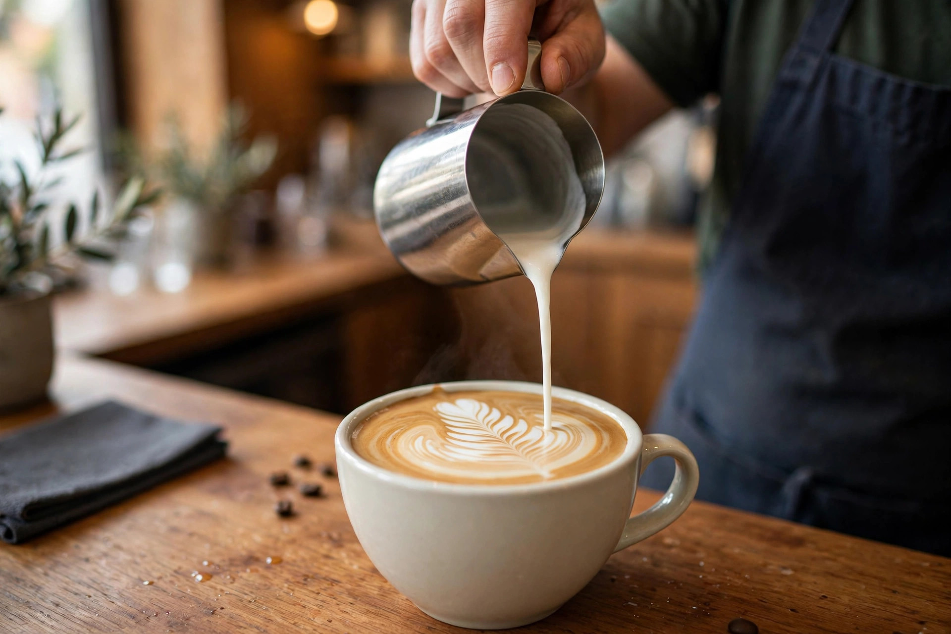 Barista som heller latteart i en keramikkopp på en kafédisk i varmt lys