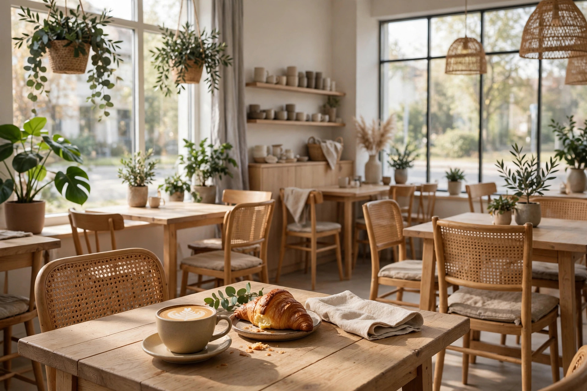 Lyst og koselig skandinavisk kaféinteriør i morgenlys, med kaffe med latteart og croissant på et trebord
