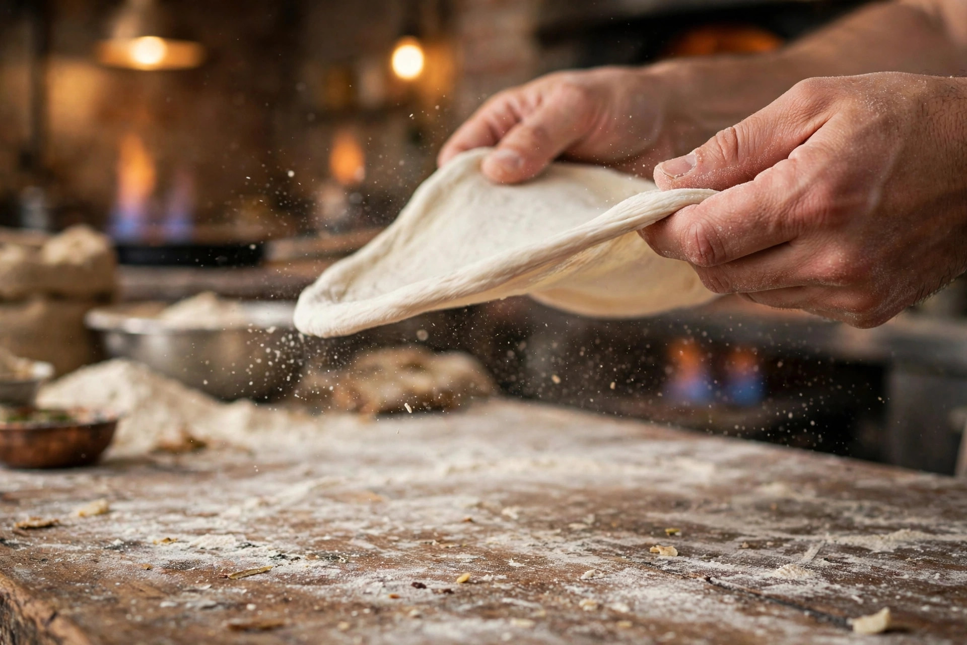 Pizzabakers hender som strekker fersk pizzadeig over et melstrødd trebord i et varmt pizzeriakjøkken