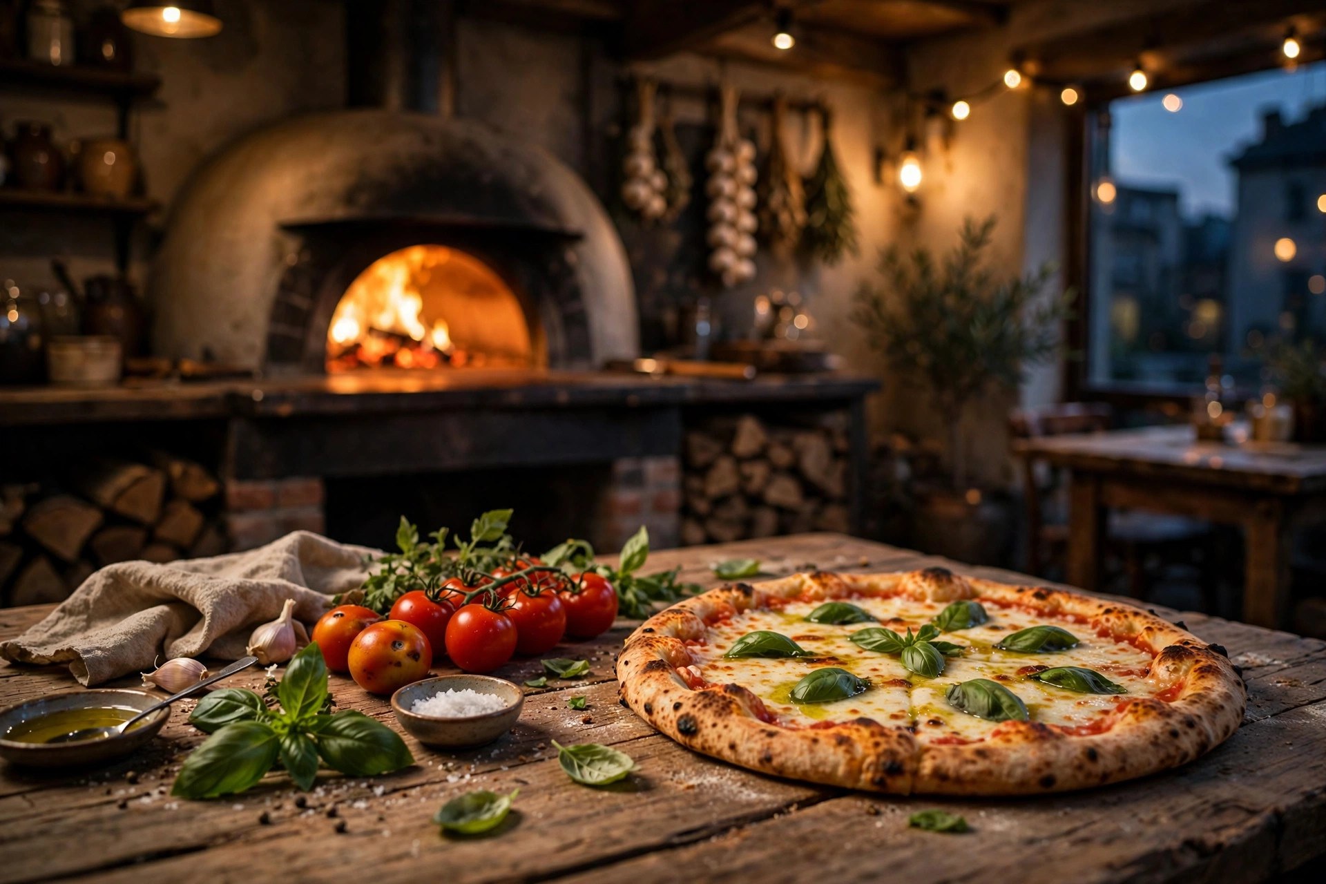 Vedfyrt pizzaovn i en koselig pizzeria, med fersk margherita-pizza og råvarer på trebord i forgrunnen
