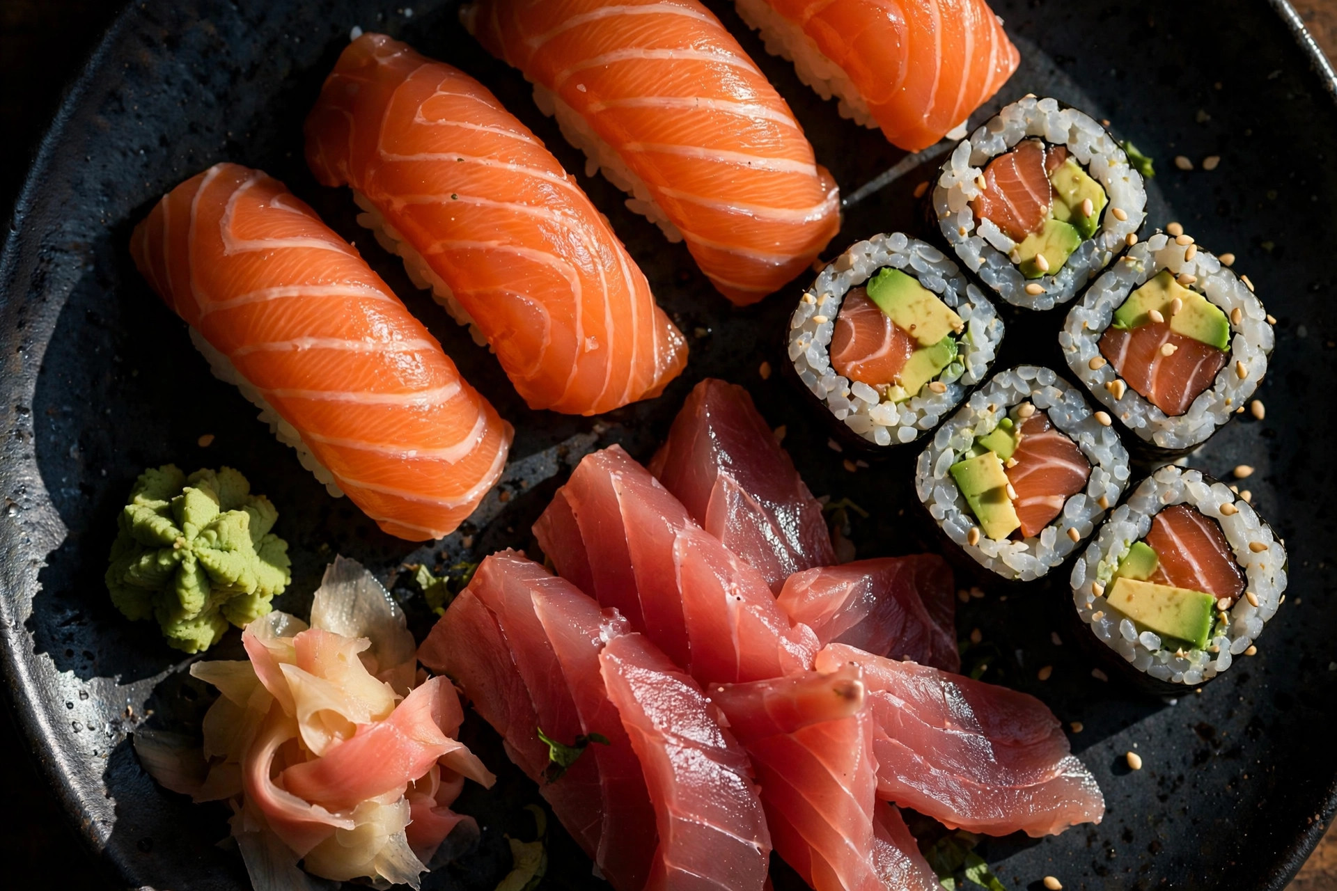 Sushiplatå med laksenigiri, makiruller og sashimi fotografert ovenfra på mørk keramikk