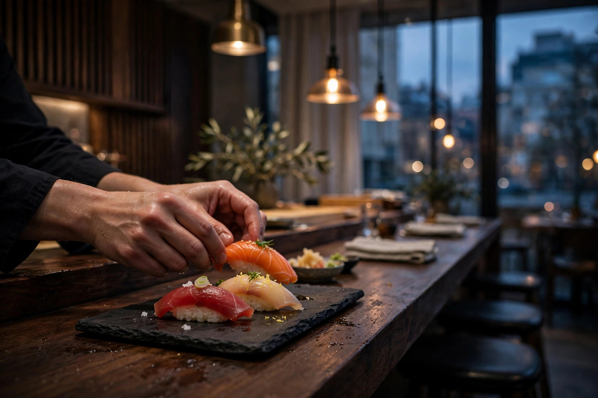 Sushikokk legger fersk nigiri på en skiferplate i en elegant sushirestaurant
