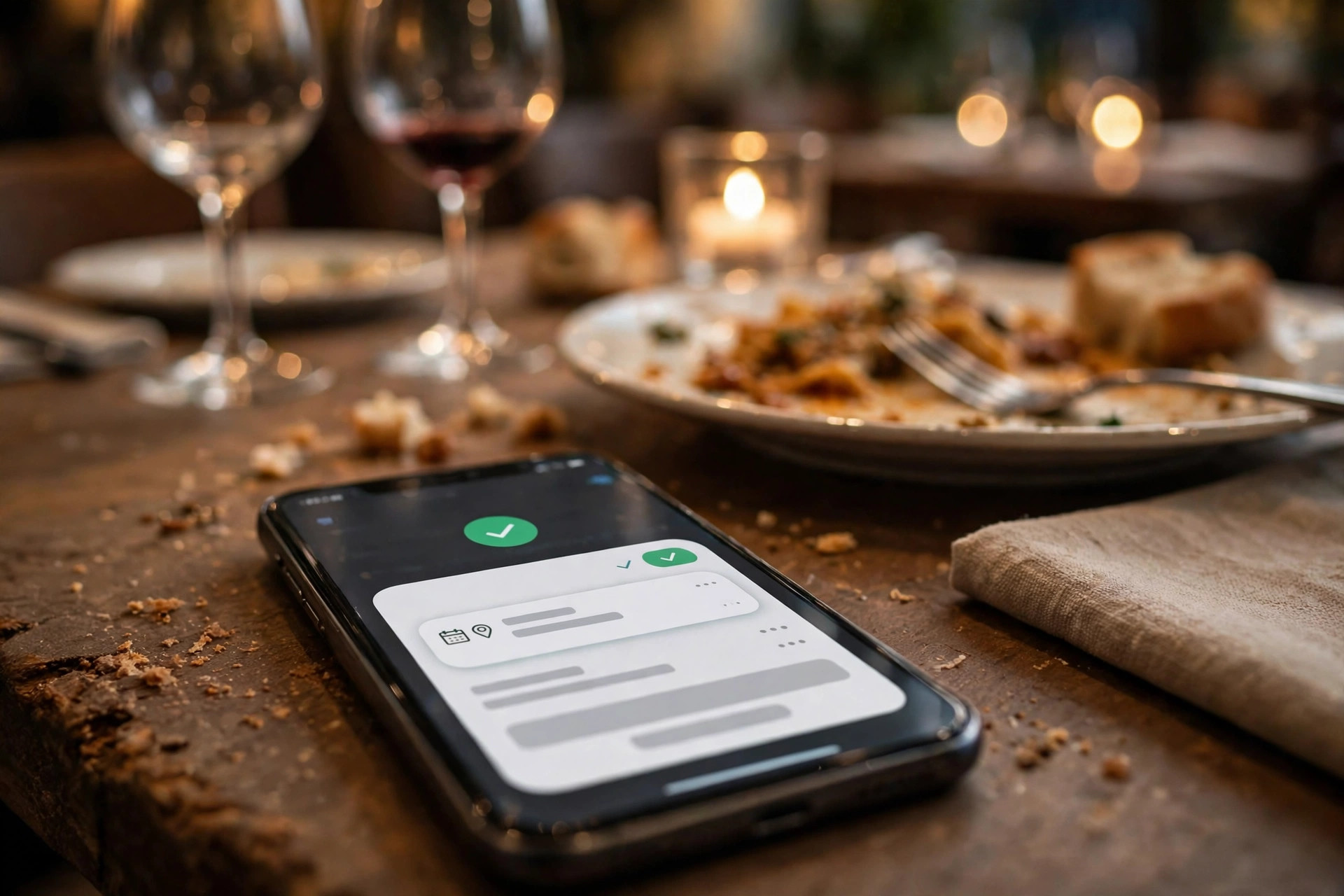 Smartphone on a restaurant table showing a booking confirmation message, with dinner blurred in the background