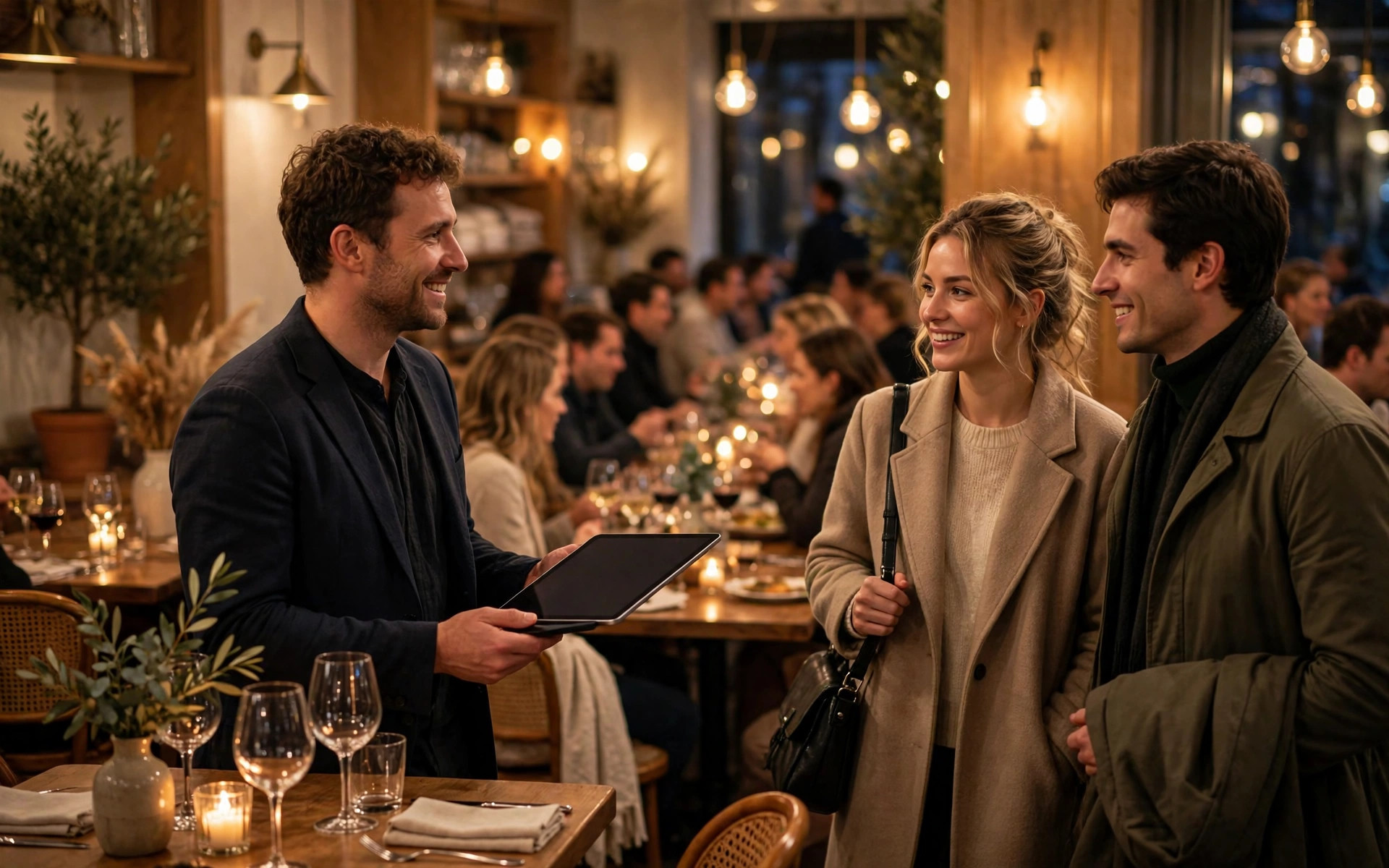 Restaurant host greeting arriving guests in a warm dining room, holding the evening's guest list