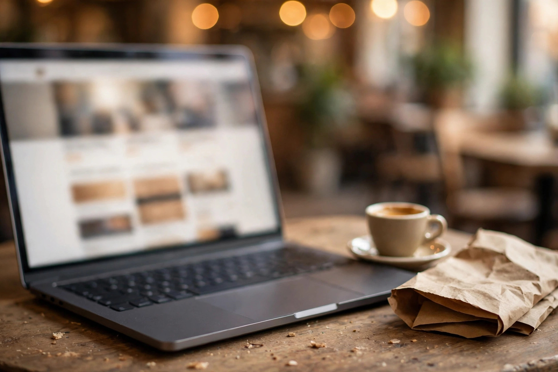 Laptop showing a long scrolling restaurant website page beside an espresso cup in a café