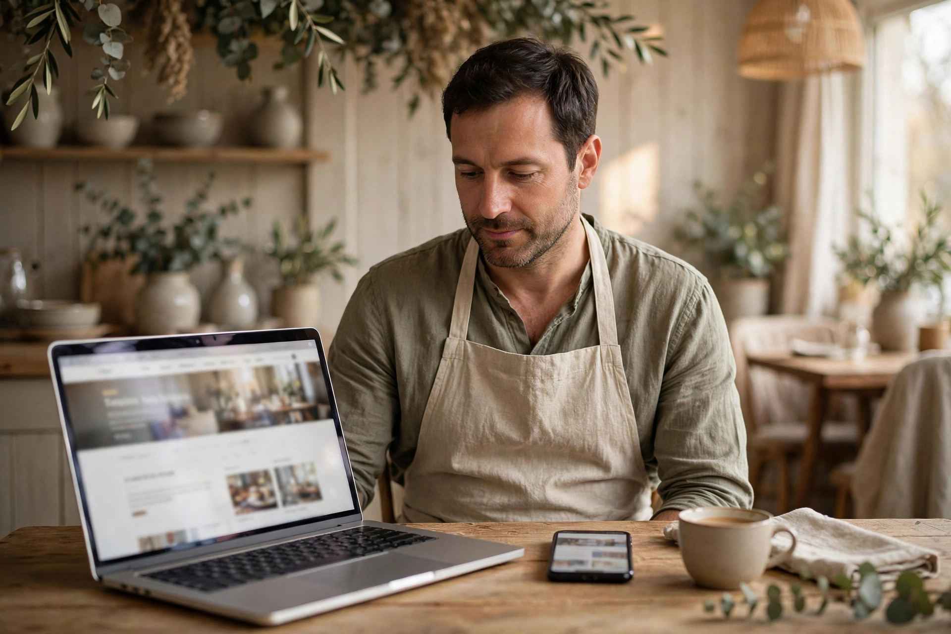 Restaurant owner comparing a one-page restaurant website on a laptop and smartphone at a wooden café table