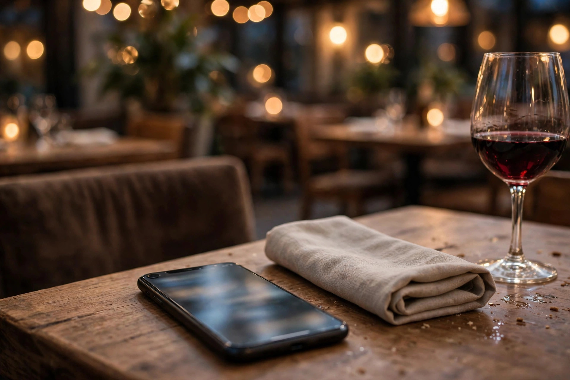 Smartphone with a booking confirmation on a restaurant table beside a wine glass and napkin
