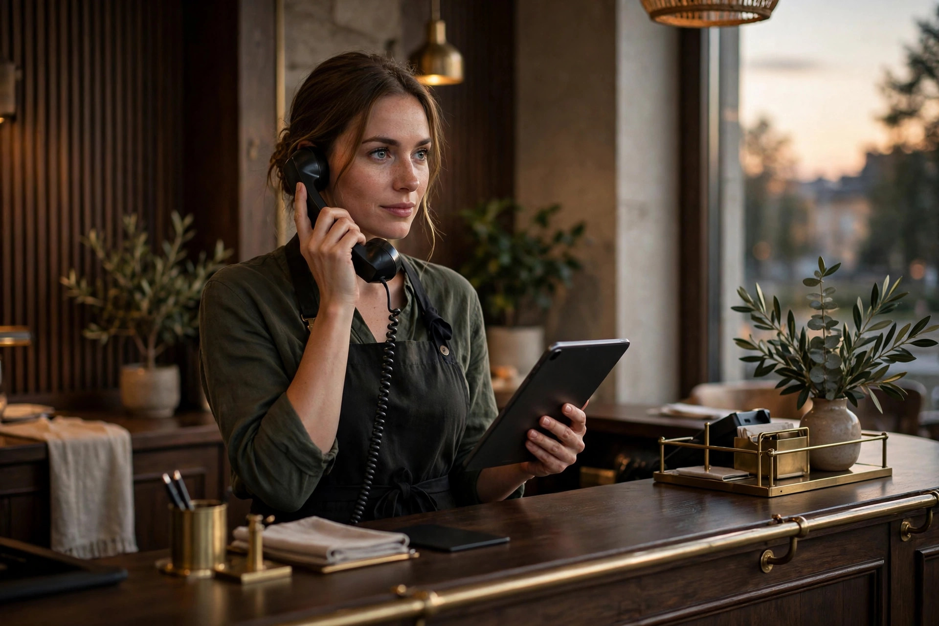 Restaurant hostess holding a classic telephone handset and a tablet at an elegant reception desk